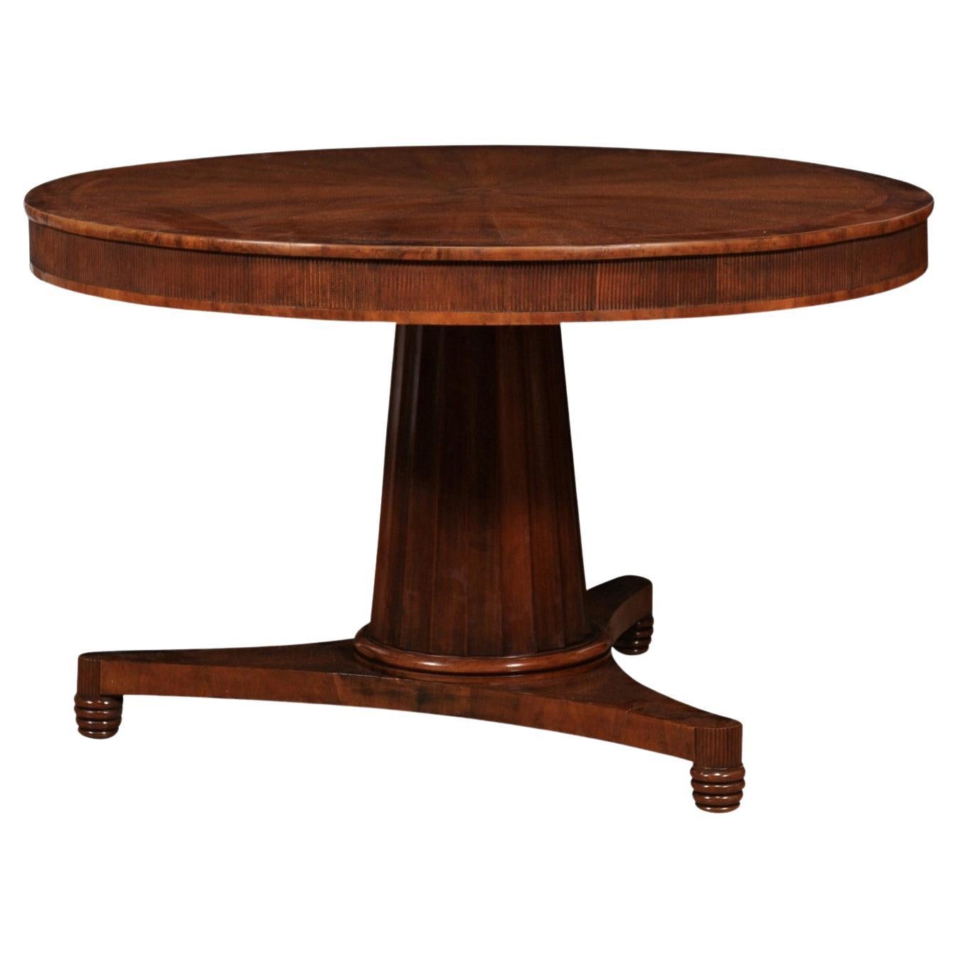 Italian 1900s Walnut Pedestal Center Table with Radiating Veneer Round Top 