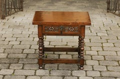 Italian 1900s Walnut Side Table with Drawer, Carved Rosettes and Turned Legs