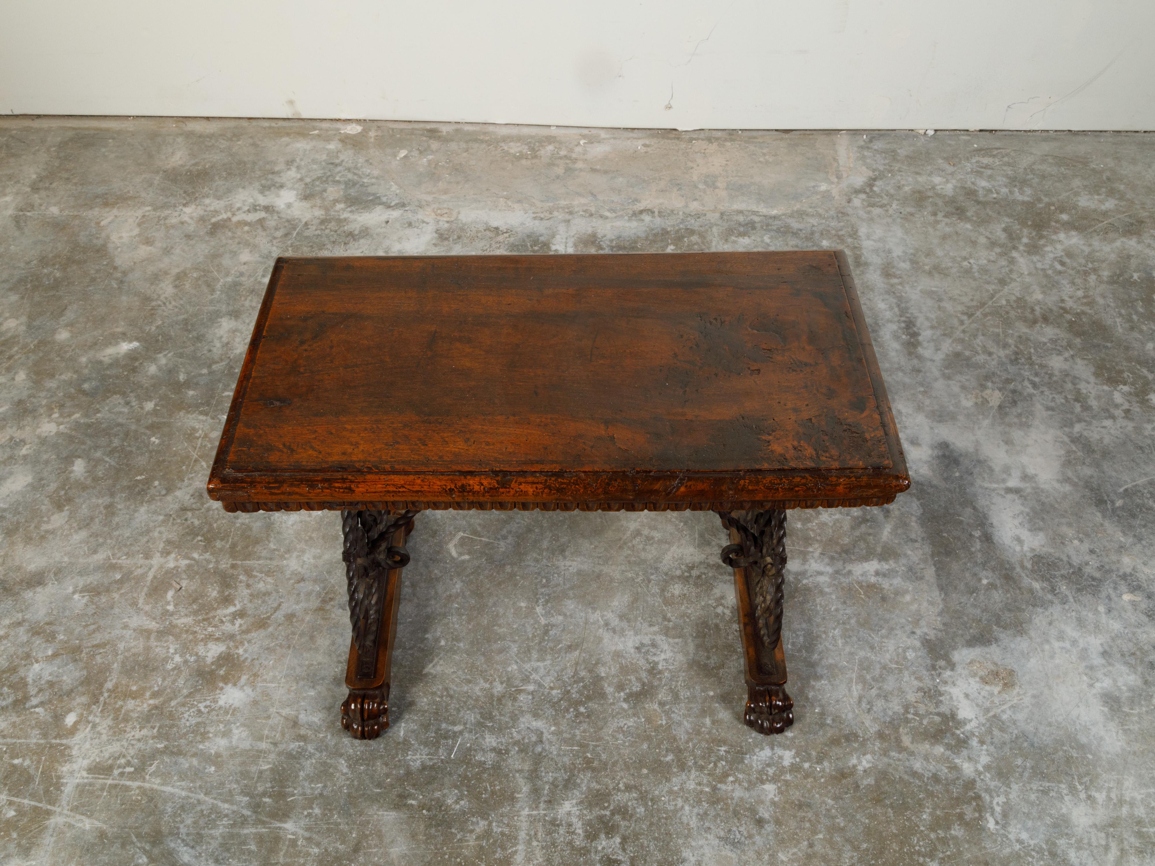 Italian 1900s Walnut Top Console Table with Iron Base and Fleur de Lys Motifs For Sale 7