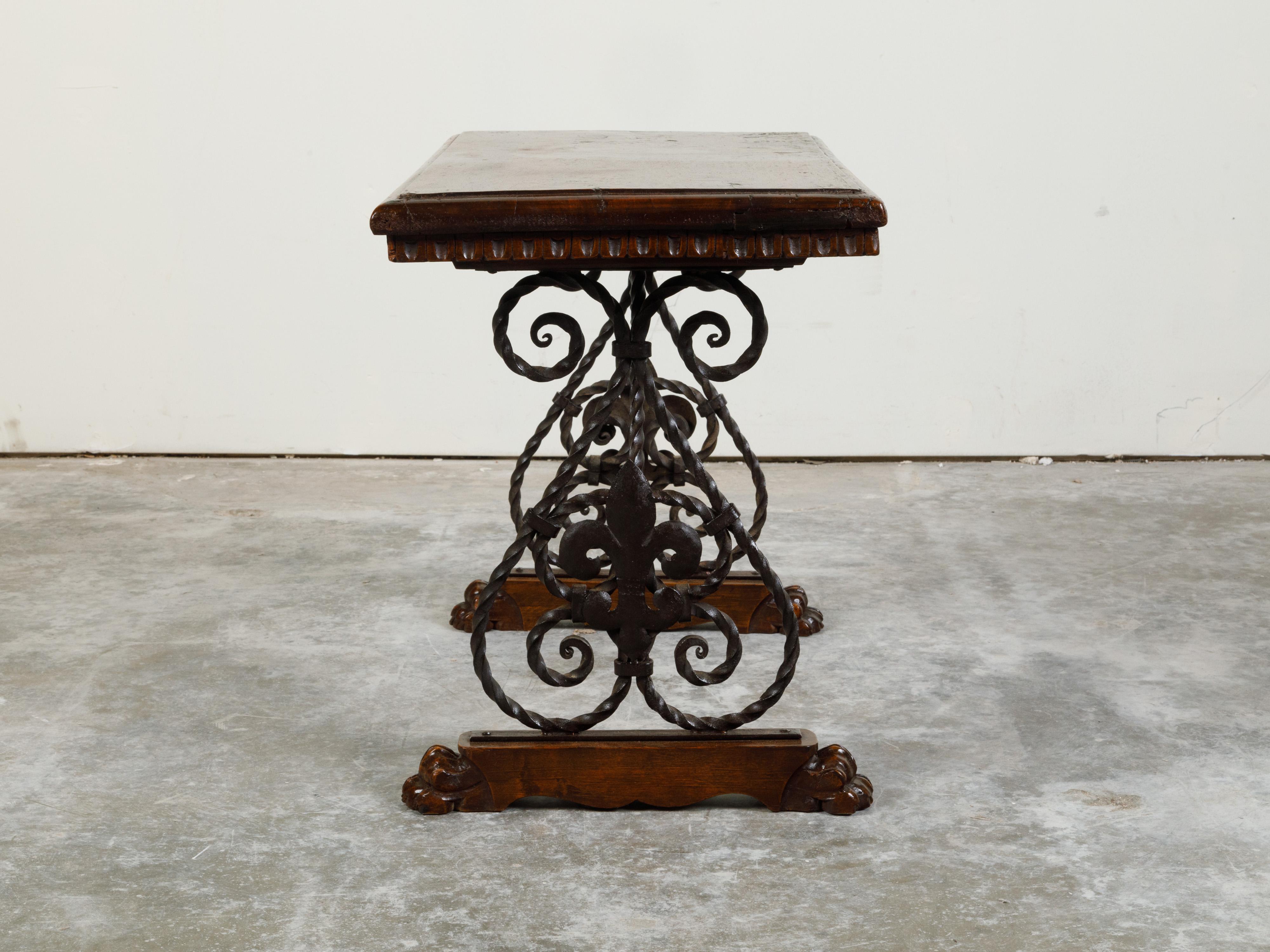 Carved Italian 1900s Walnut Top Console Table with Iron Base and Fleur de Lys Motifs For Sale