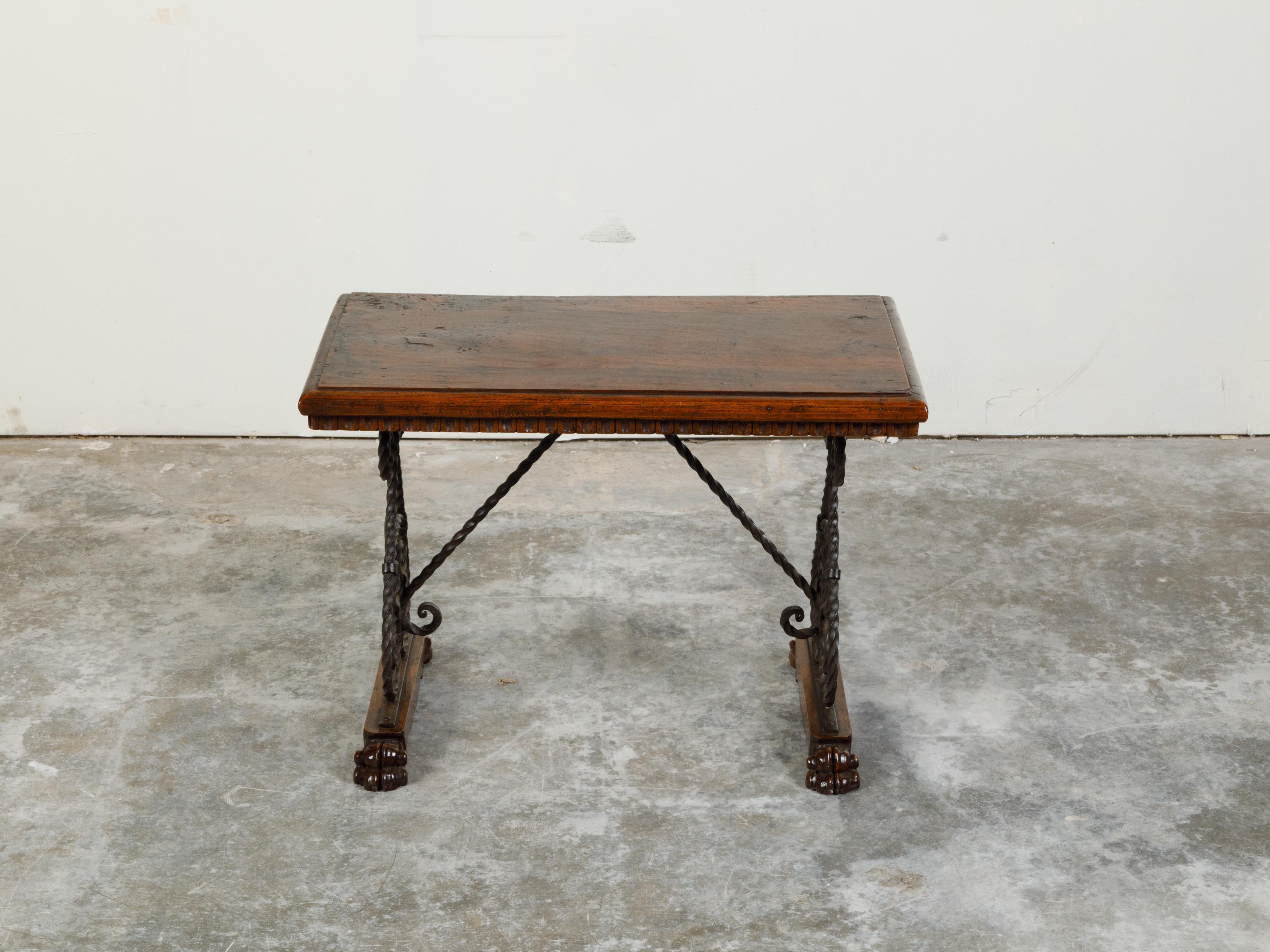 Italian 1900s Walnut Top Console Table with Iron Base and Fleur de Lys Motifs In Good Condition For Sale In Atlanta, GA