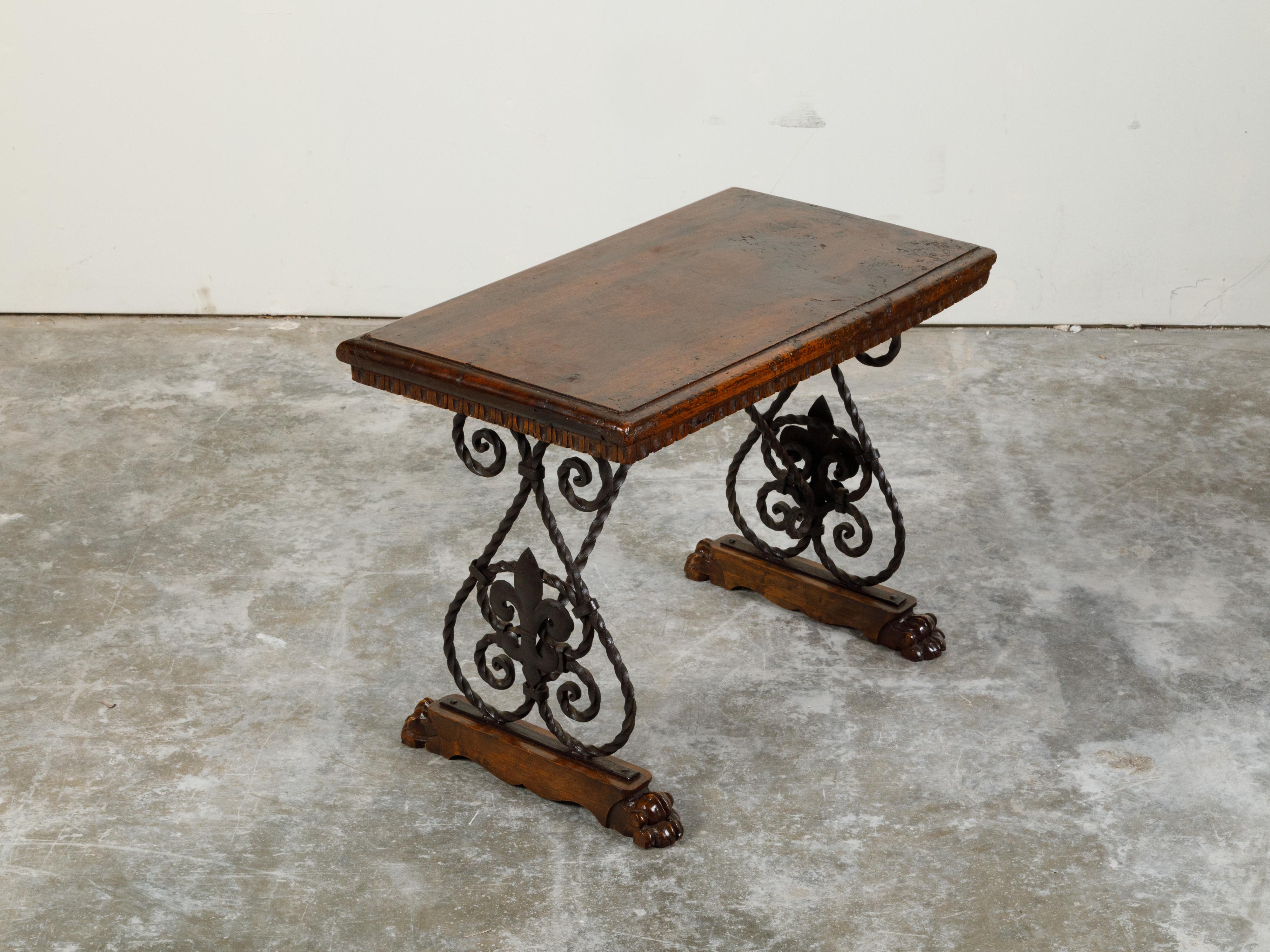 20th Century Italian 1900s Walnut Top Console Table with Iron Base and Fleur de Lys Motifs For Sale