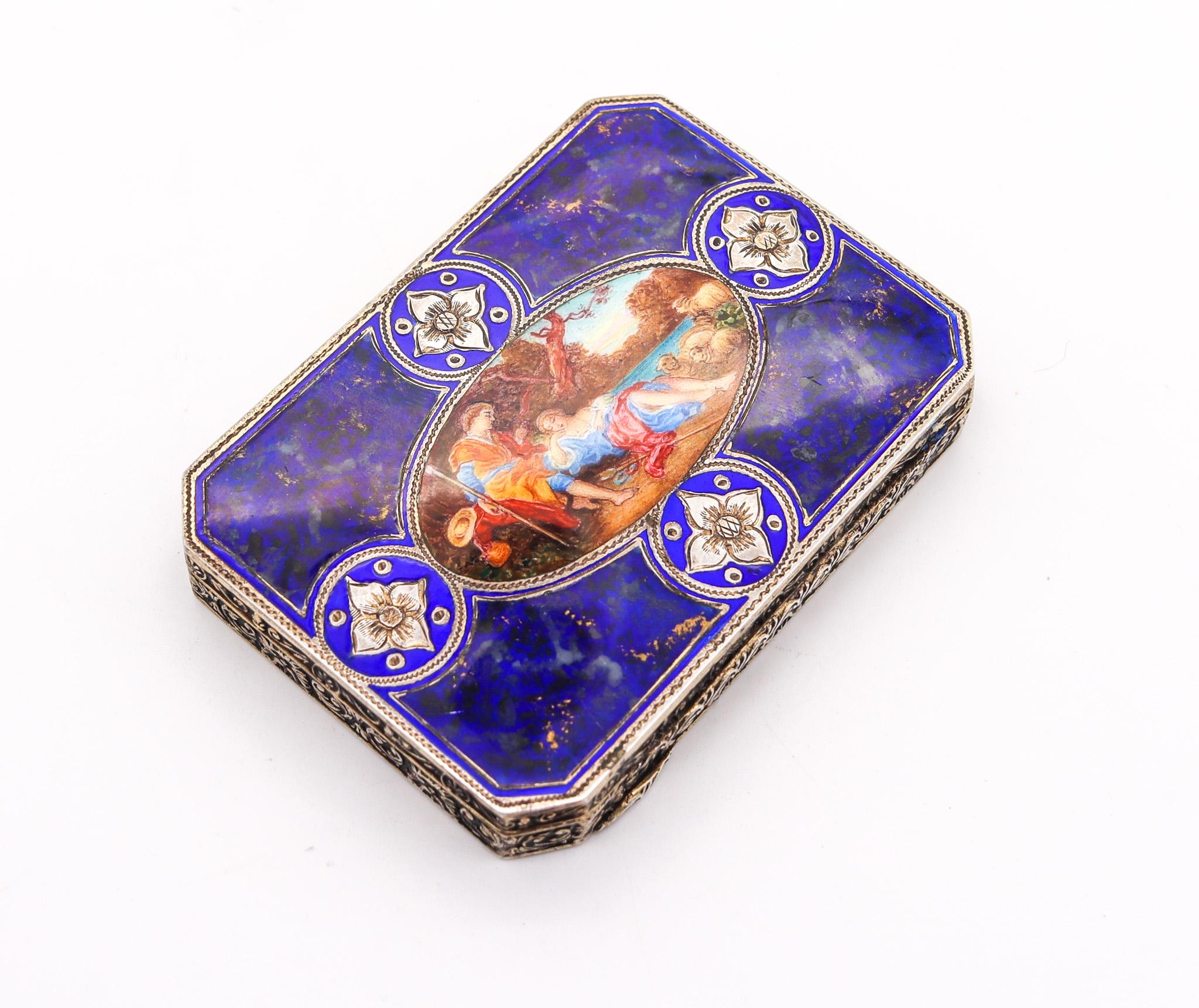 An Italian enamelled snuff box.

Colorful box, created in Italy, back in the 1920. It was crafted in an octagonal shape with neoclassical and renaissance Revival motifs in solid .800/.999 silver and embellished with enamel applications. The