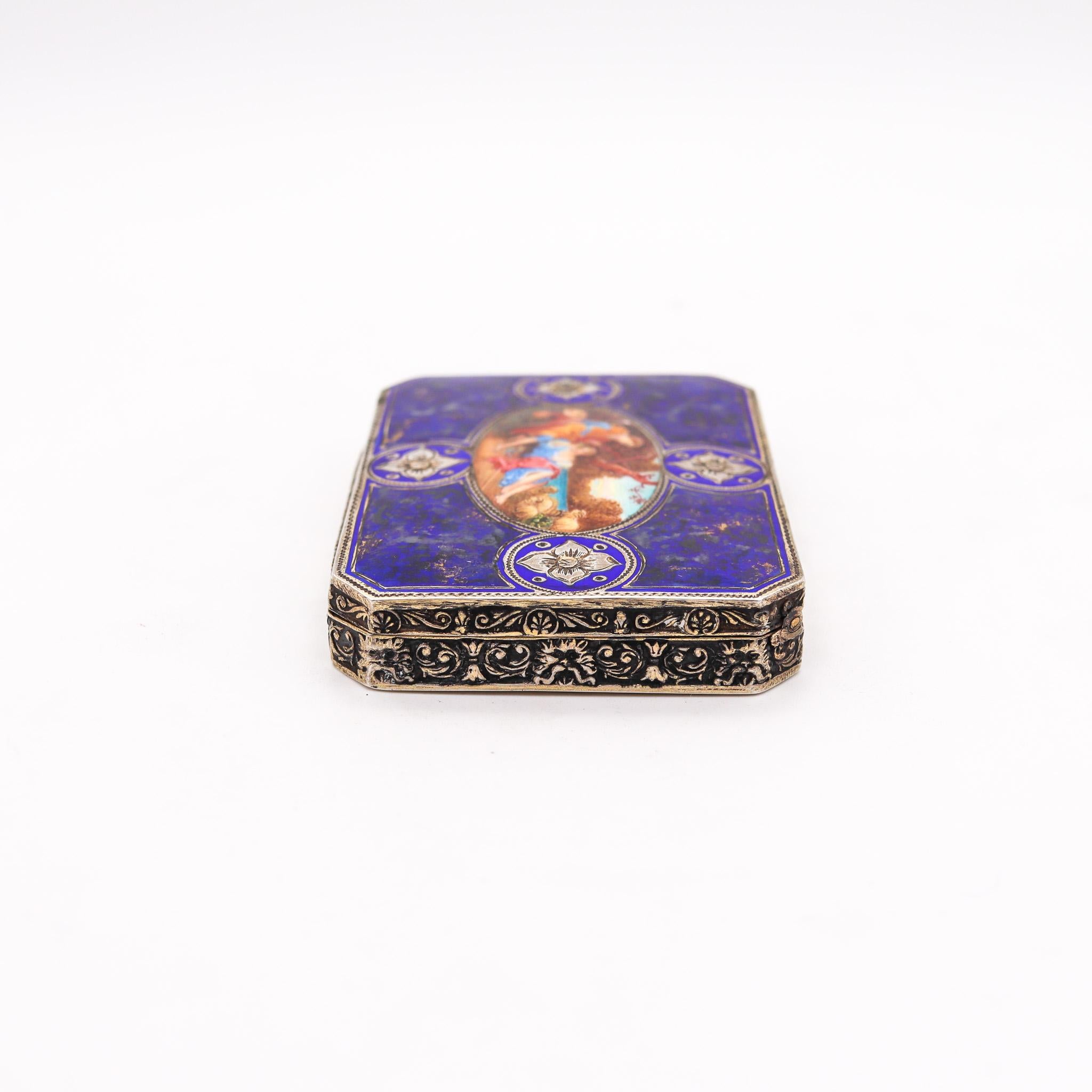 Early 20th Century Italian 1920 Renaissance Revival Enameled Octagonal Box in .800 Silver For Sale