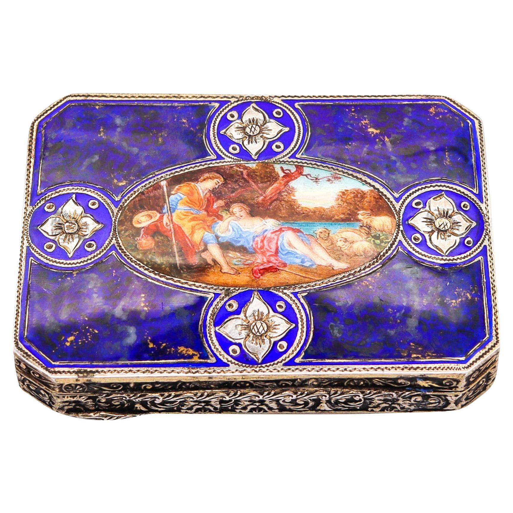 Boîte octogonale italienne de style Renaissance 1920 émaillée en argent .800