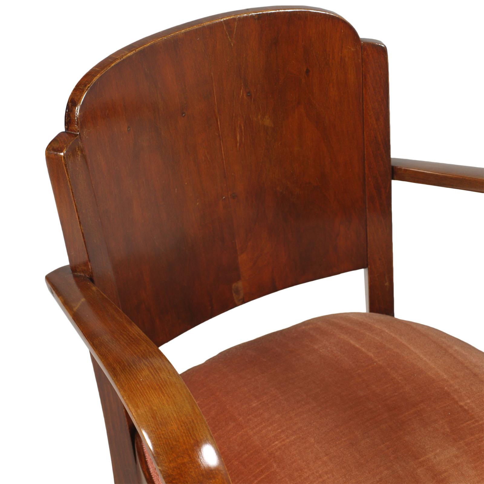 Italian 1920s Art Deco Bridge Chairs, All Original Velvet Upholstered, in Walnut In Good Condition For Sale In Vigonza, Padua