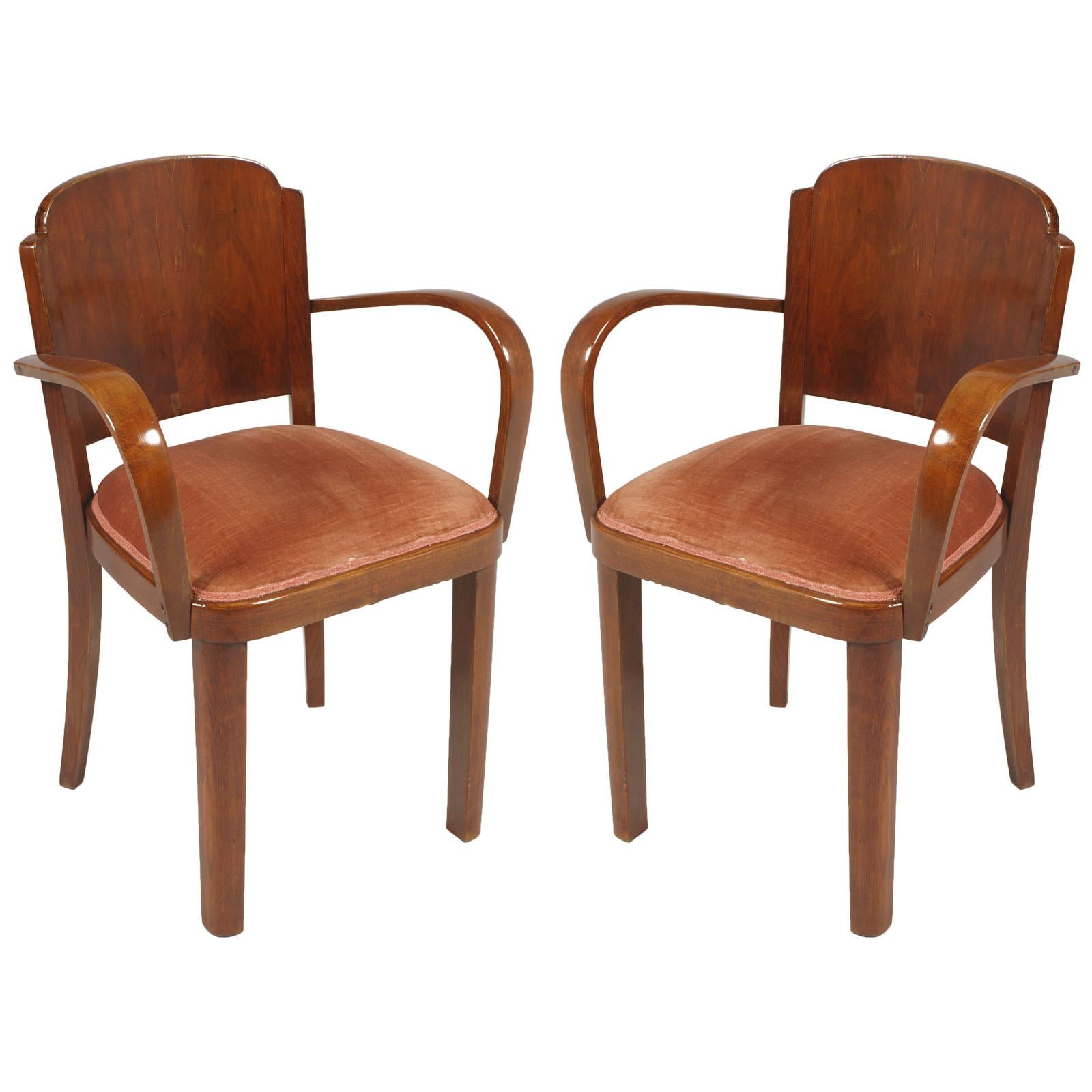 Italian 1920s Art Deco Bridge Chairs, All Original Velvet Upholstered, in Walnut