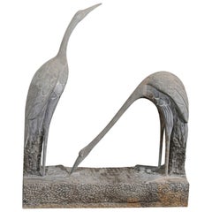 Italian 1920s Art Deco Carved Granite Sculpture Depicting Two Cranes on a Base