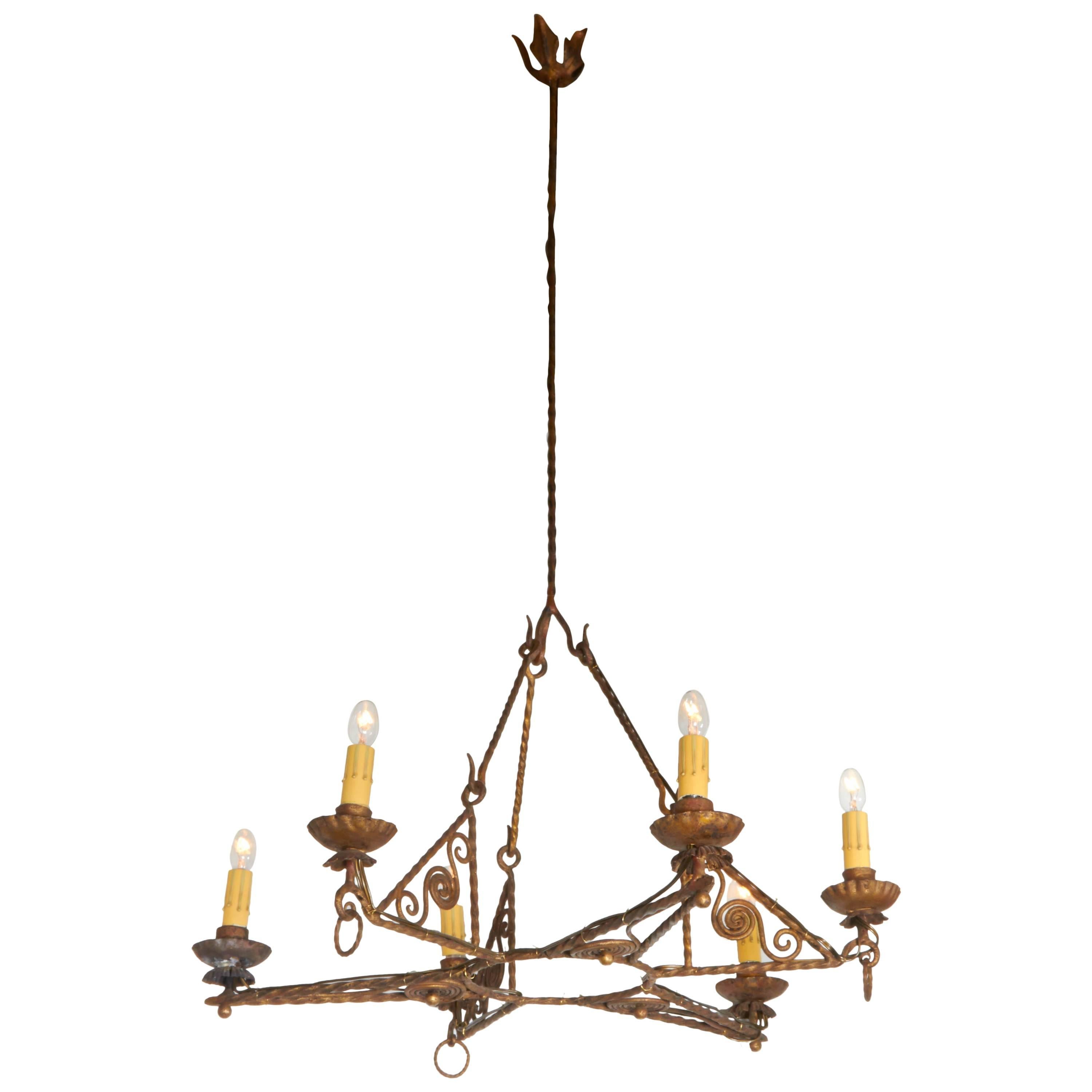 Italian 1920s Art Deco Gilt Iron Chandelier