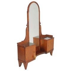 Consolle di vanità Art Deco italiana degli anni '20 con specchio in noce, piani in vetro