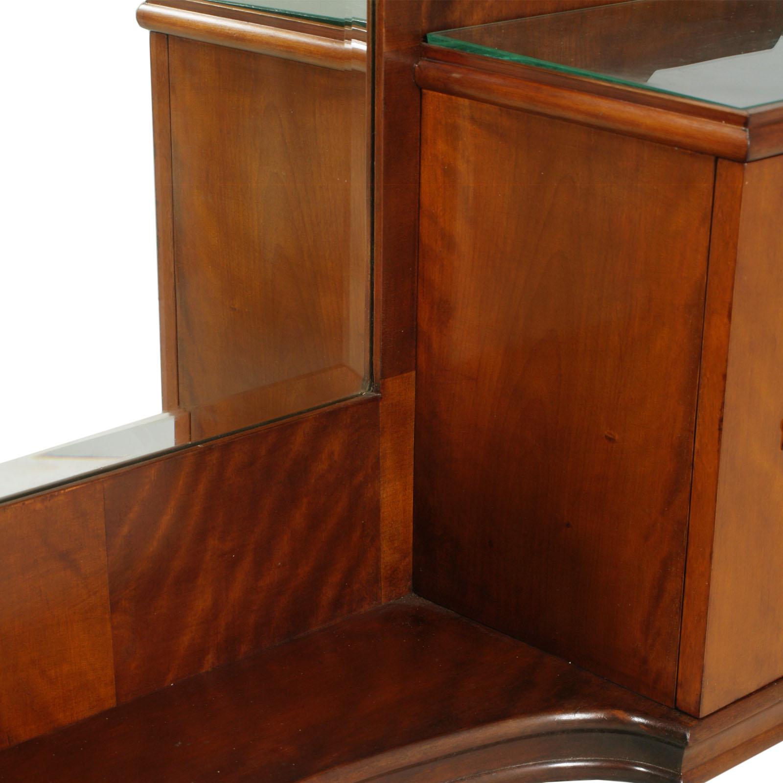 20th Century Italian 1920s Art Deco Vanity Cabinet Console with Mirror in Walnut, Glass Tops For Sale