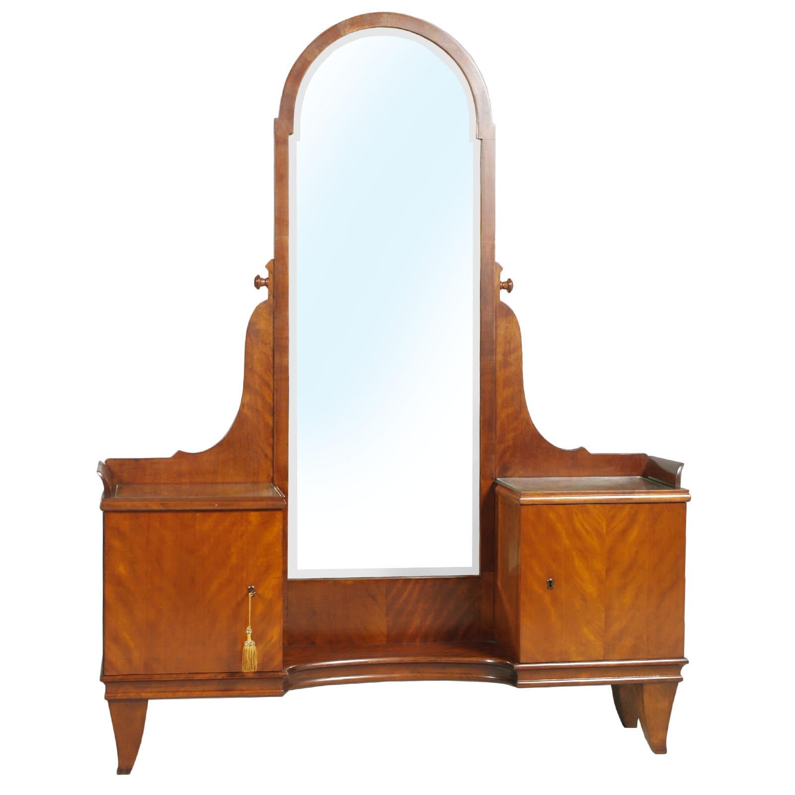 Italian 1920s Art Deco Vanity Cabinet Console with Mirror in Walnut, Glass Tops For Sale