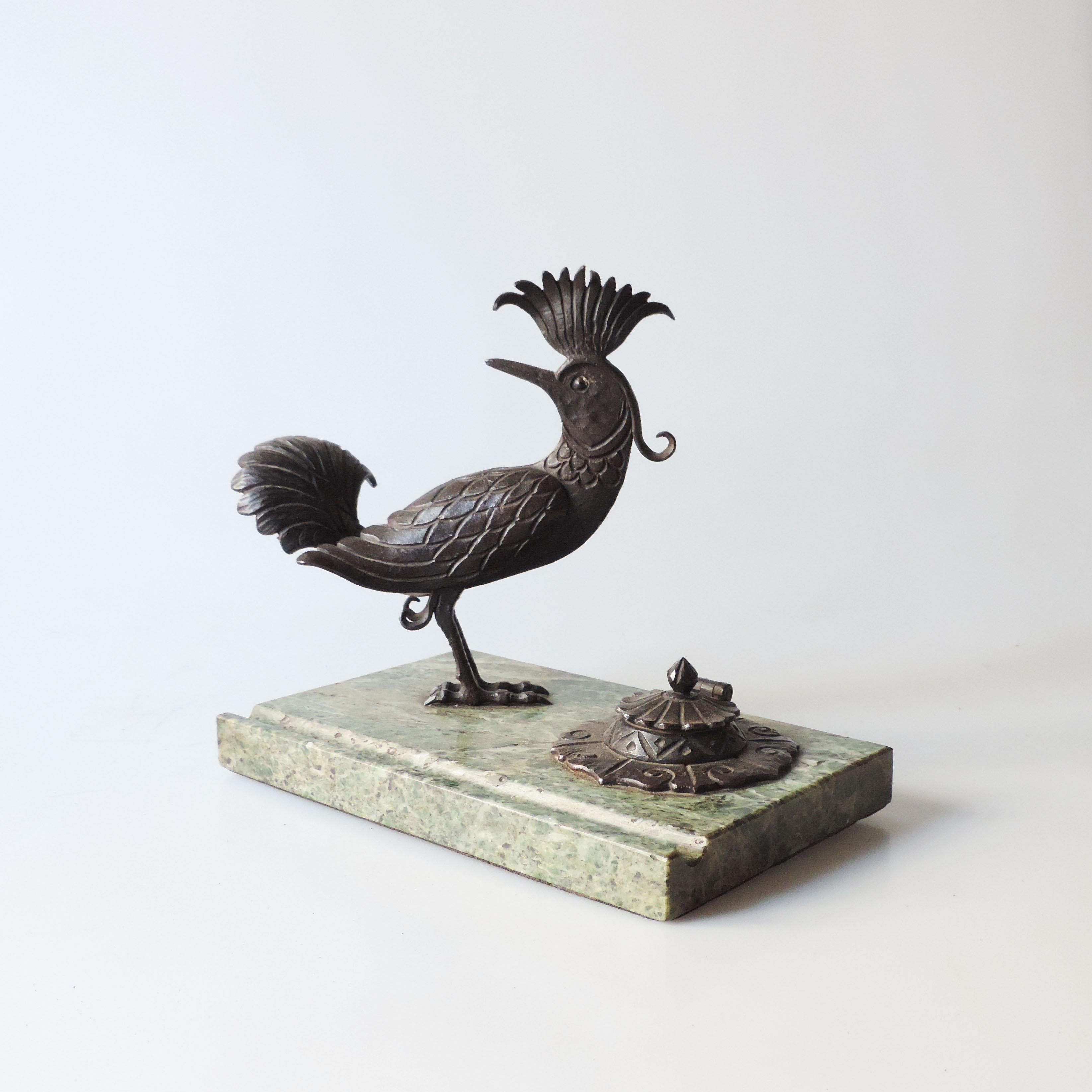 Italian 1920s Art Deco wrought iron and marble bird inkstand.