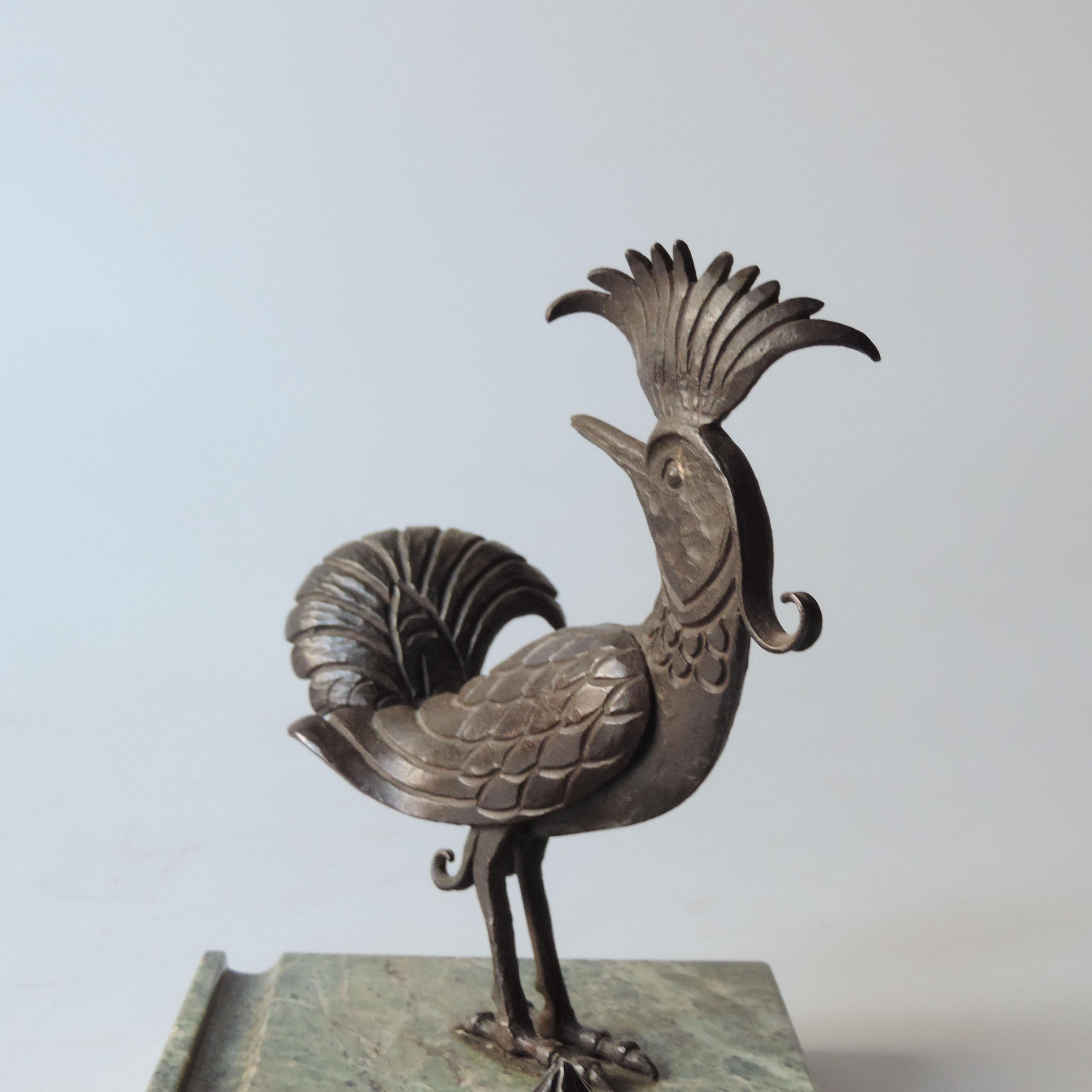 Early 20th Century Italian 1920s Art Deco Wrought Iron and Marble Bird Inkwell For Sale