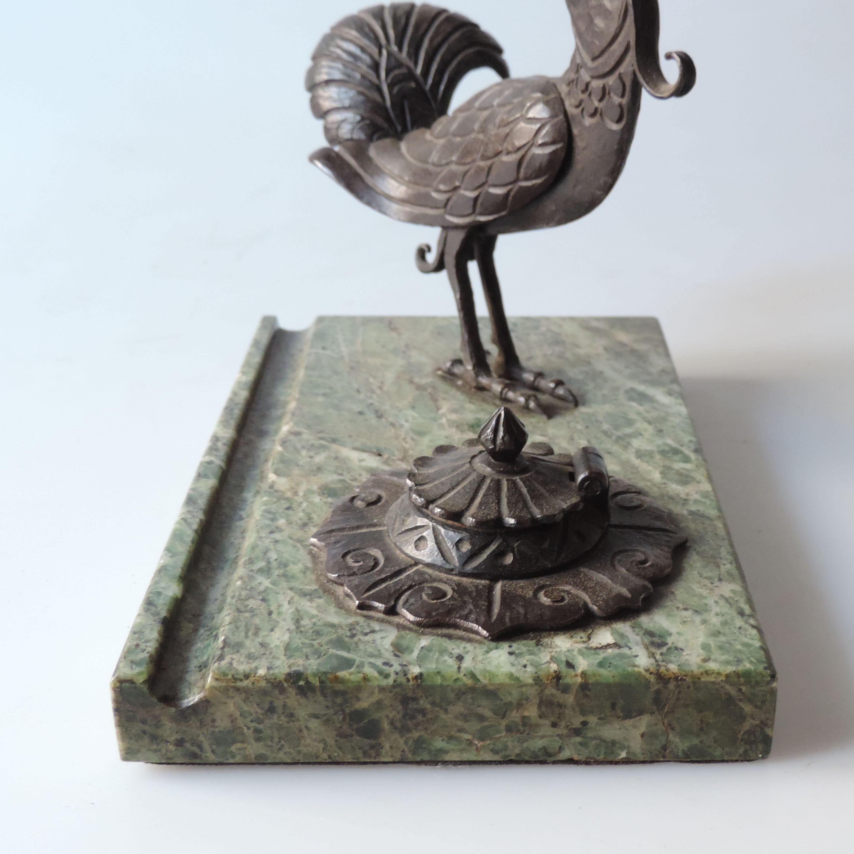 Italian 1920s Art Deco Wrought Iron and Marble Bird Inkwell For Sale 1