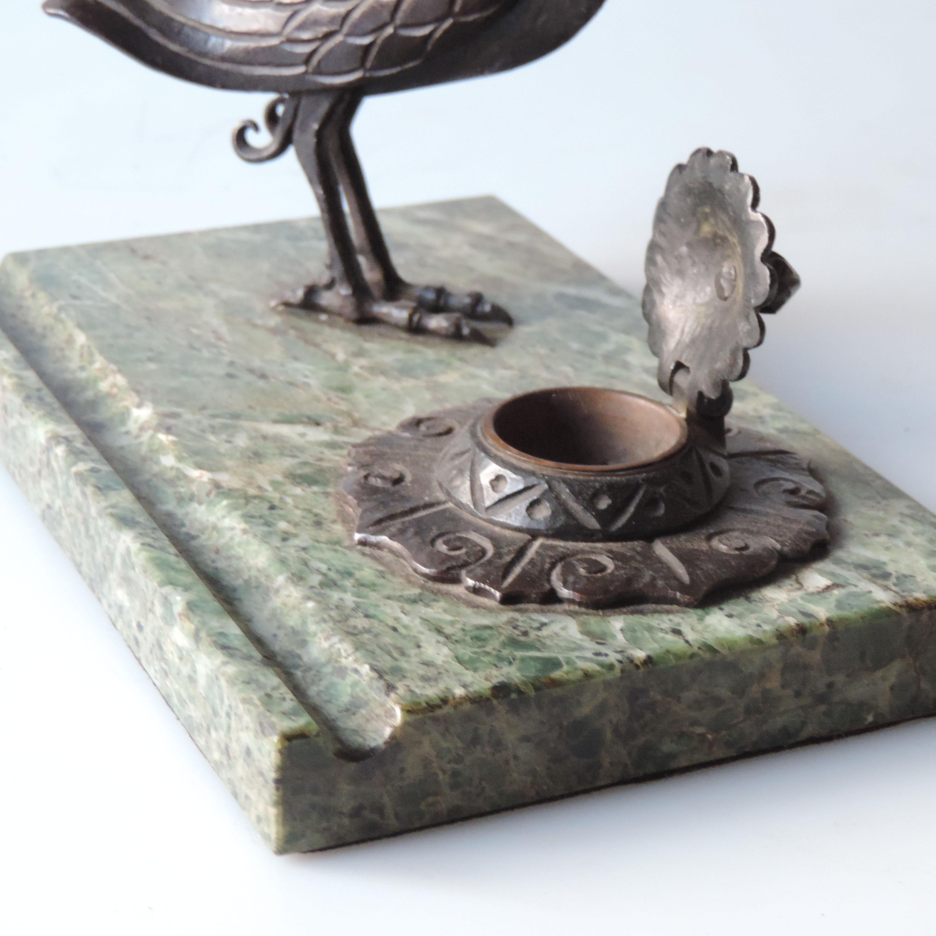 Italian 1920s Art Deco Wrought Iron and Marble Bird Inkwell For Sale 3