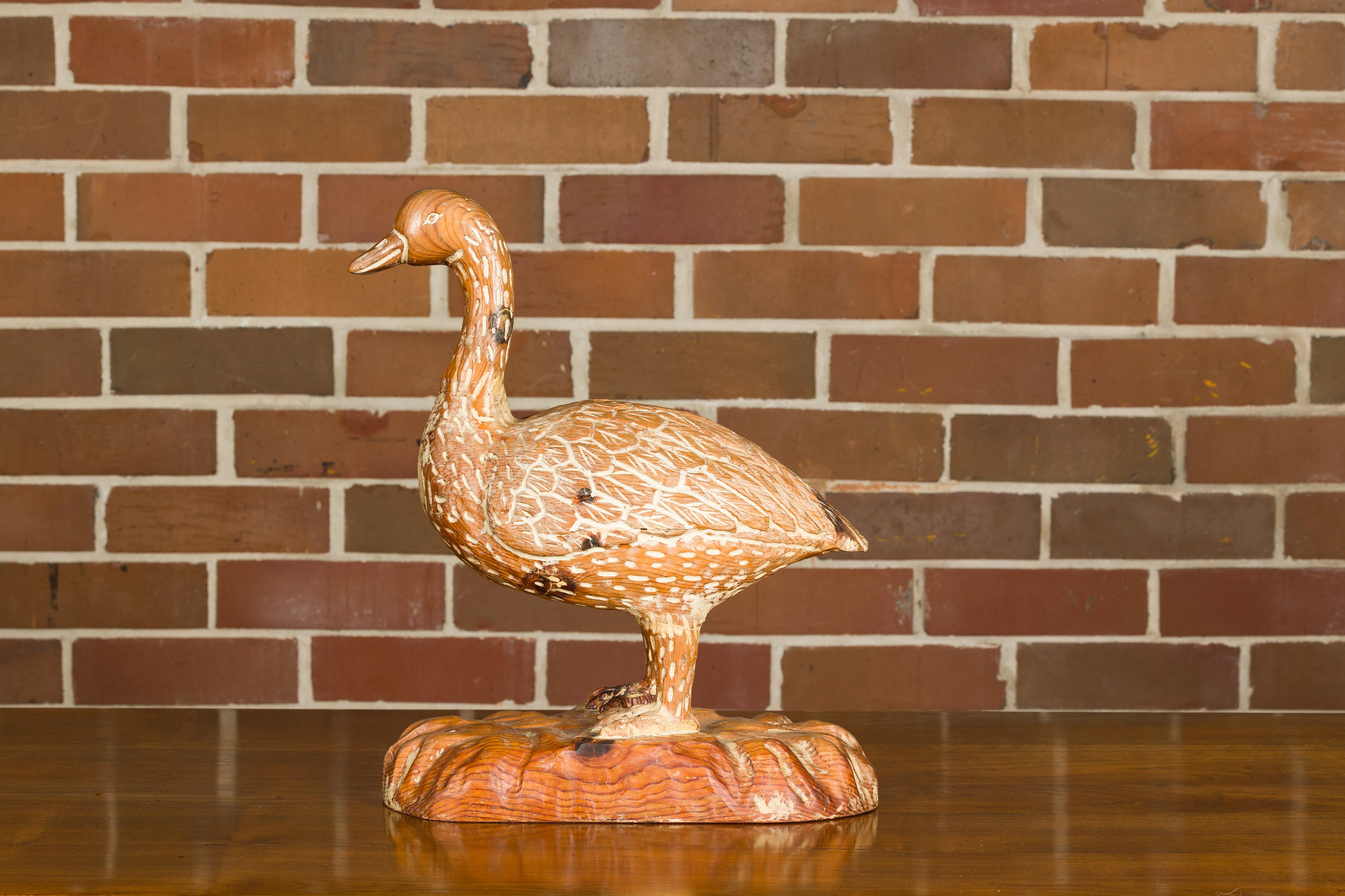 20th Century Italian 1920s Carved Wooden Duck Sculpture with Painted Accents For Sale