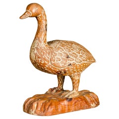 Antique Italian 1920s Carved Wooden Duck Sculpture with Painted Accents