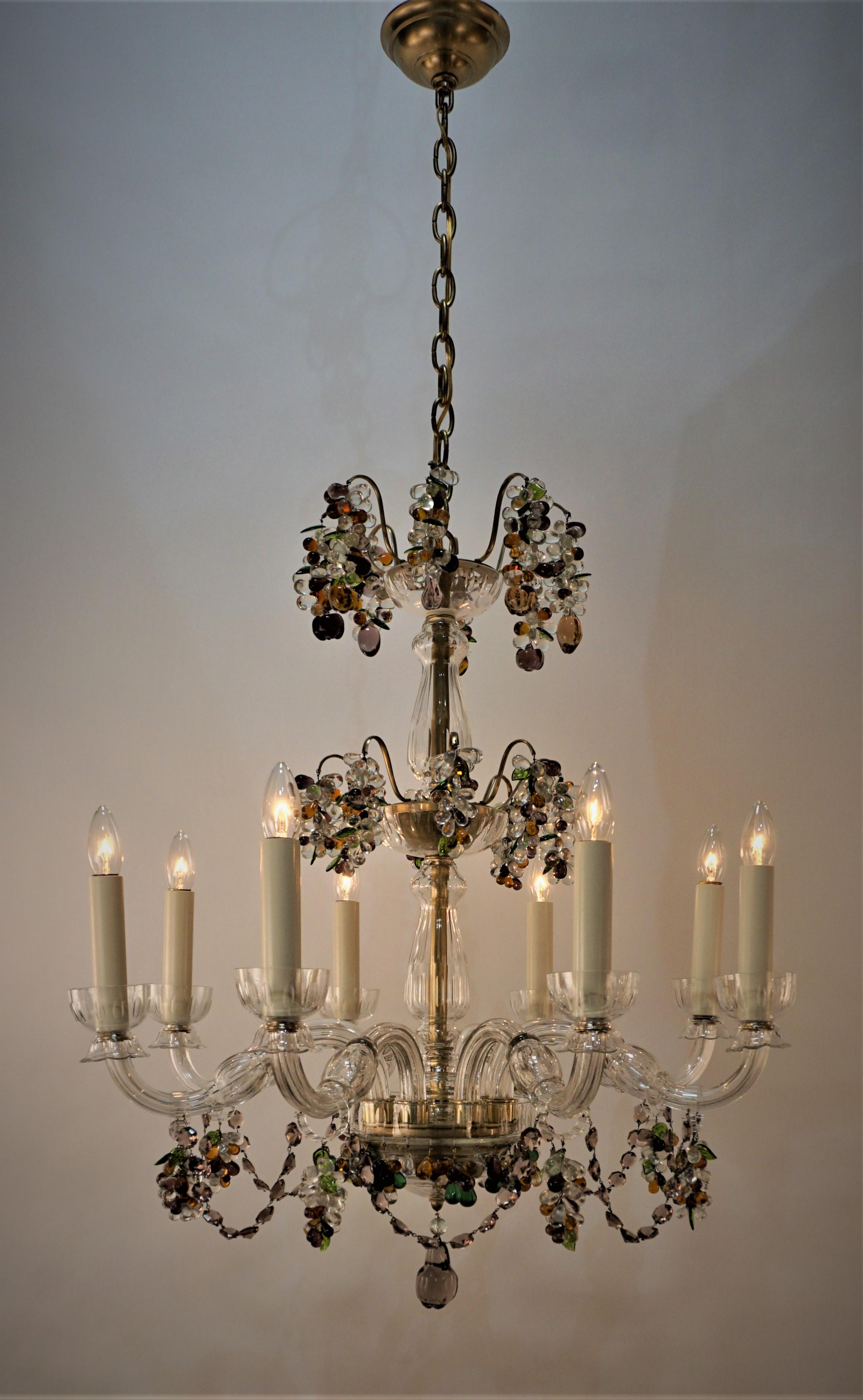 Beautiful eight arm cut crystal chandelier with colorful fruit crystal drops. 
Measurement: 30