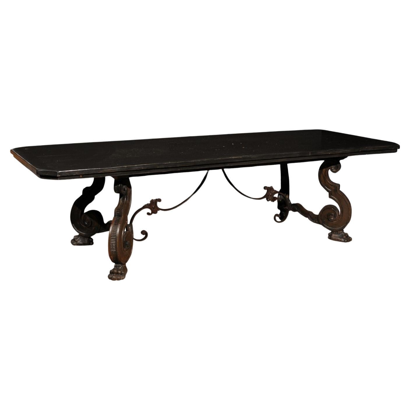 Italian 1920s Ebonized Walnut Dining Table with Carved S-Scroll Legs on Paw Feet