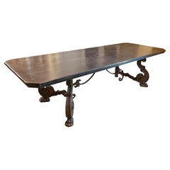 Antique Italian 1920s Ebonized Walnut Dining Table with Carved S-Scroll Legs on Paw Feet