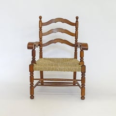 Italian 1920s Folk Art Sculpted Wood and Straw Armchair