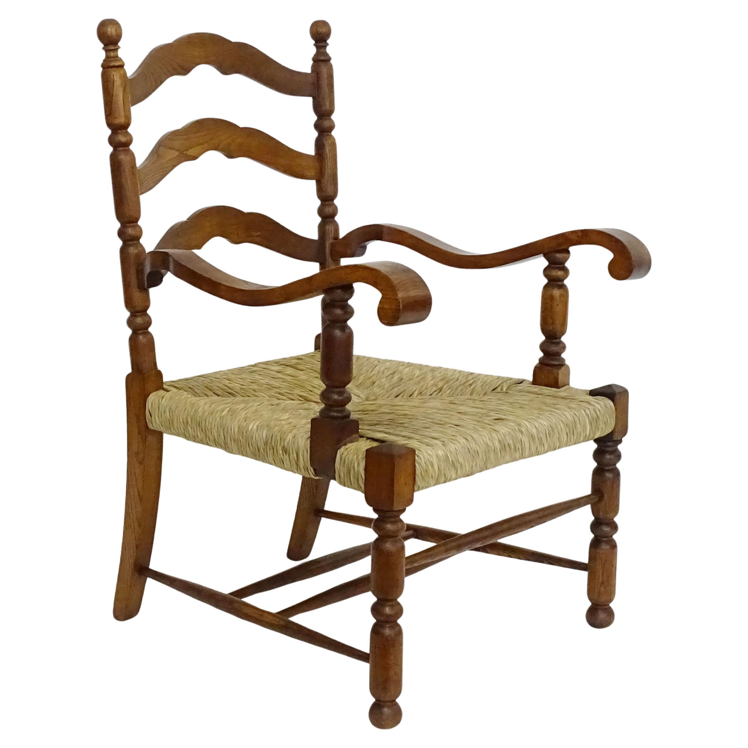 Italian 1920s Folk Art Sculpted Wood and Straw Armchair
