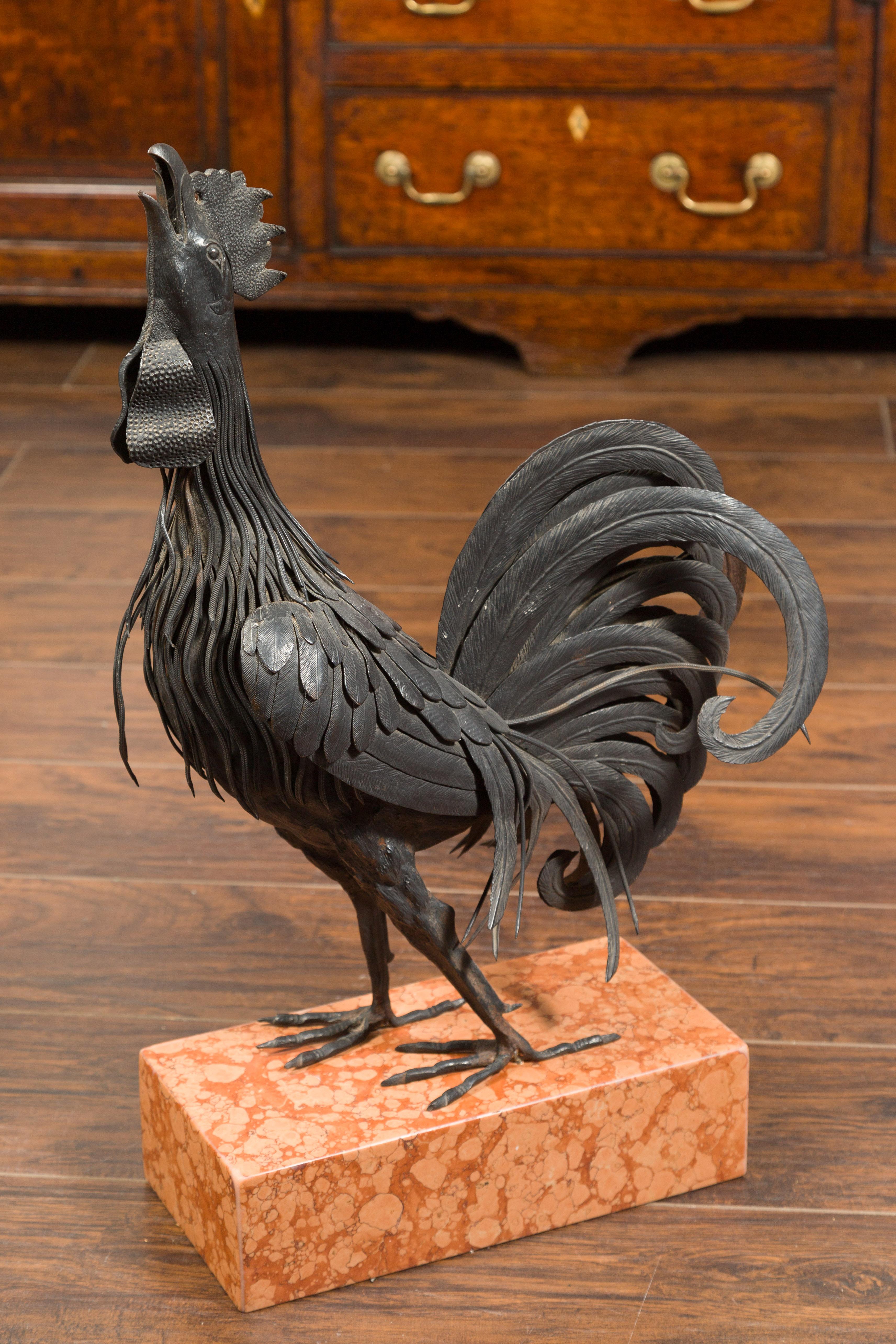 Italian 1920s Metal Crowing Rooster Sculpture Raised on Variegated Marble Base For Sale 4