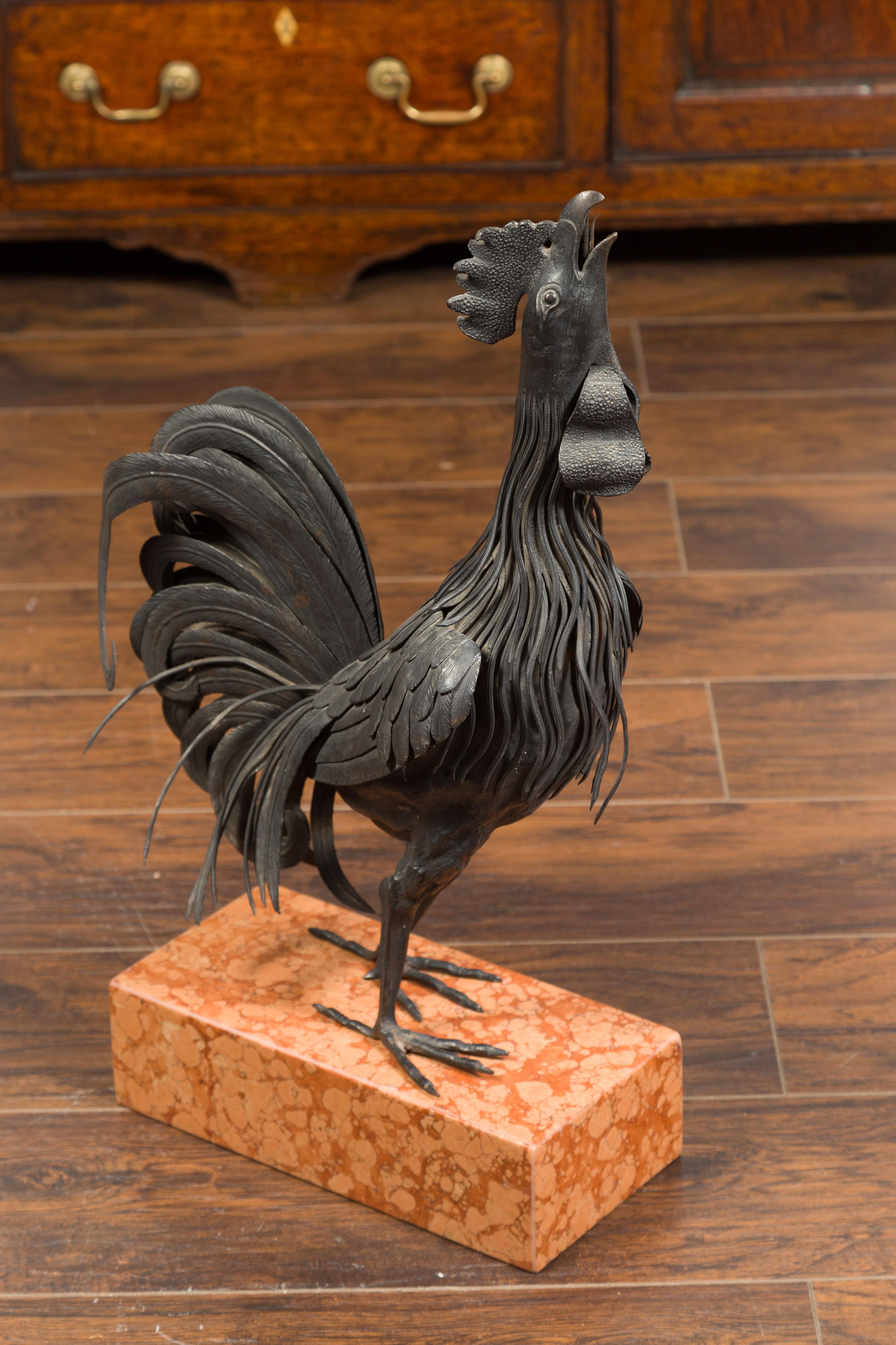 Italian 1920s Metal Crowing Rooster Sculpture Raised on Variegated Marble Base For Sale 6