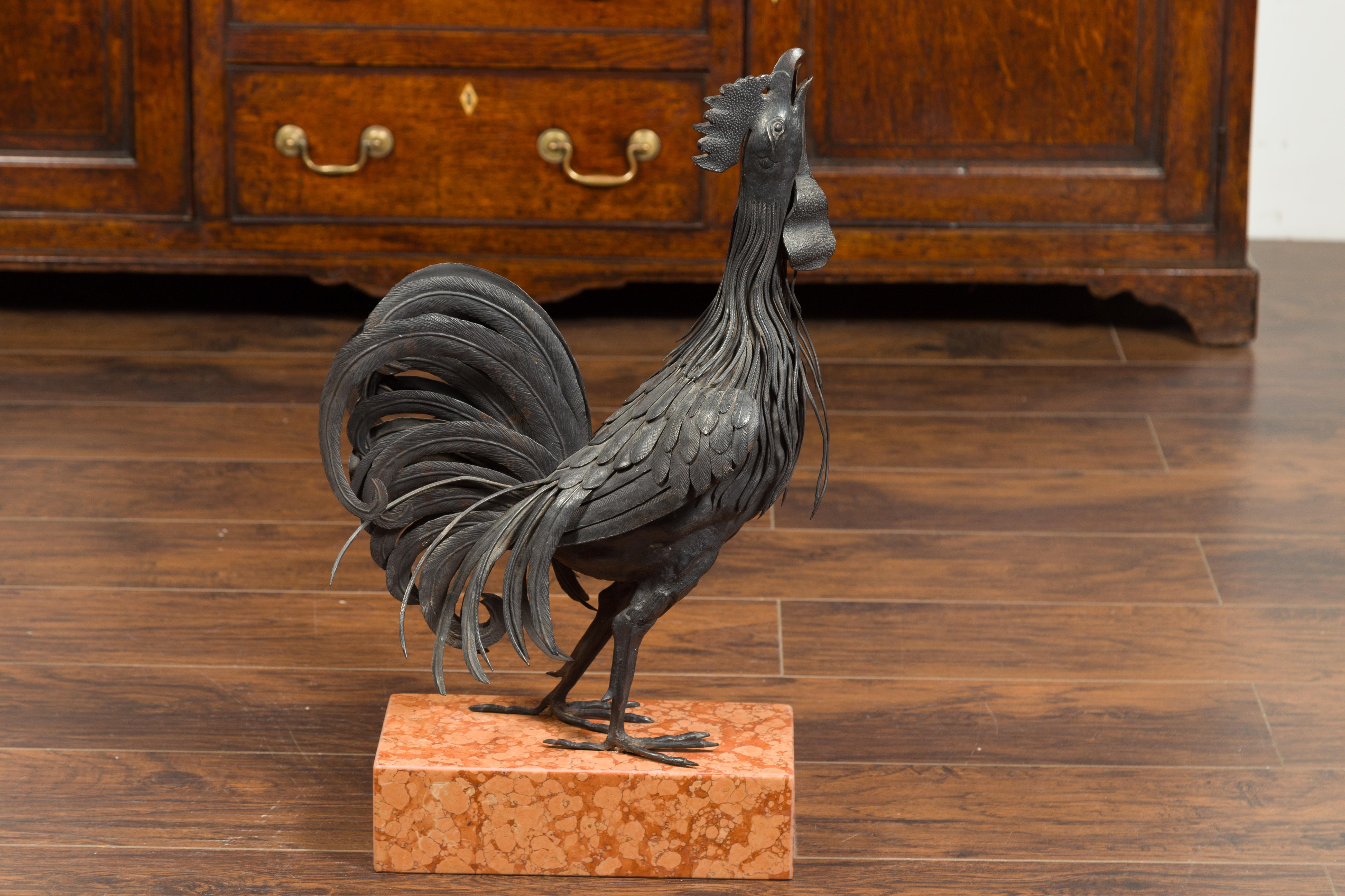 Italian 1920s Metal Crowing Rooster Sculpture Raised on Variegated Marble Base For Sale 7