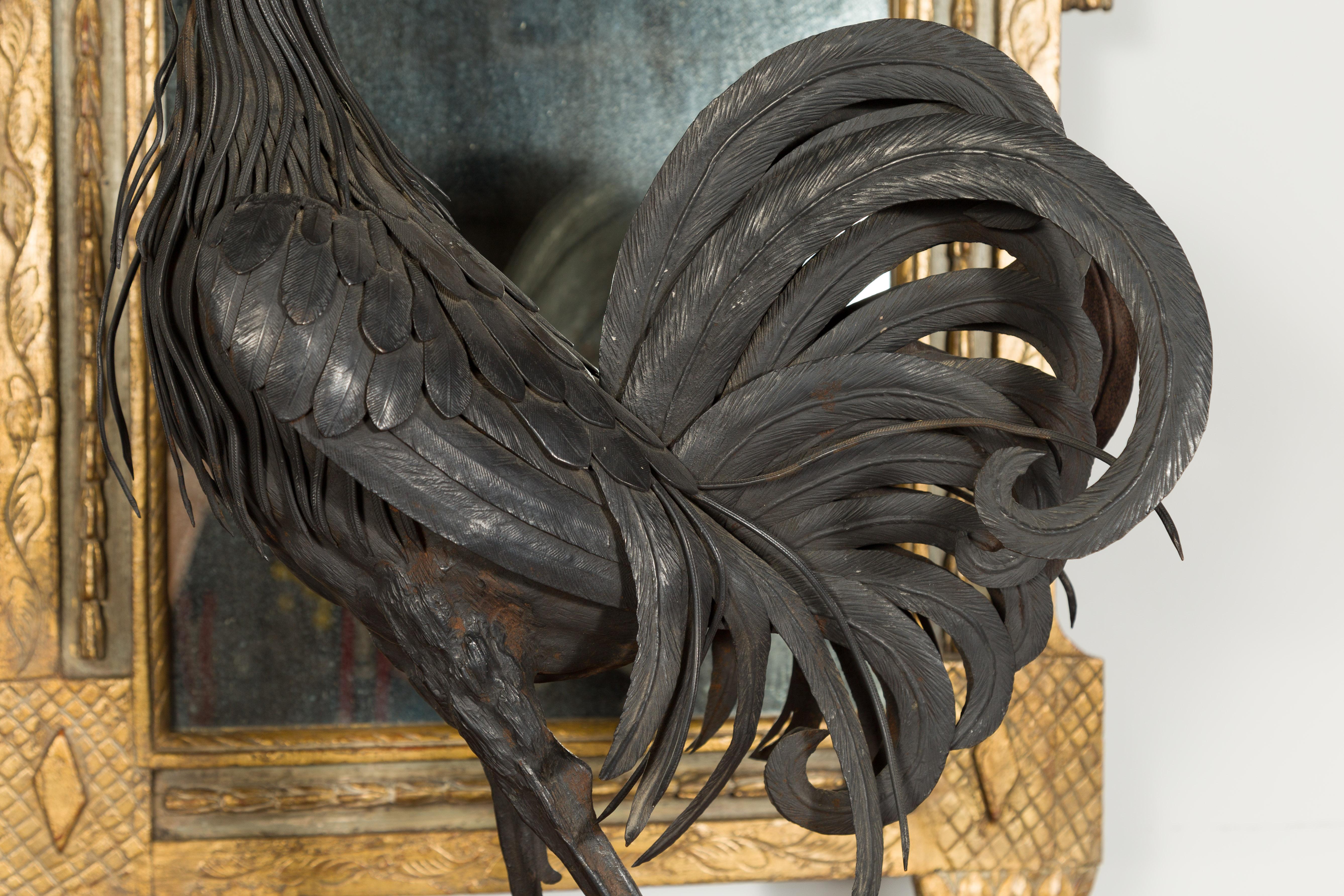 Italian 1920s Metal Crowing Rooster Sculpture Raised on Variegated Marble Base In Good Condition For Sale In Atlanta, GA