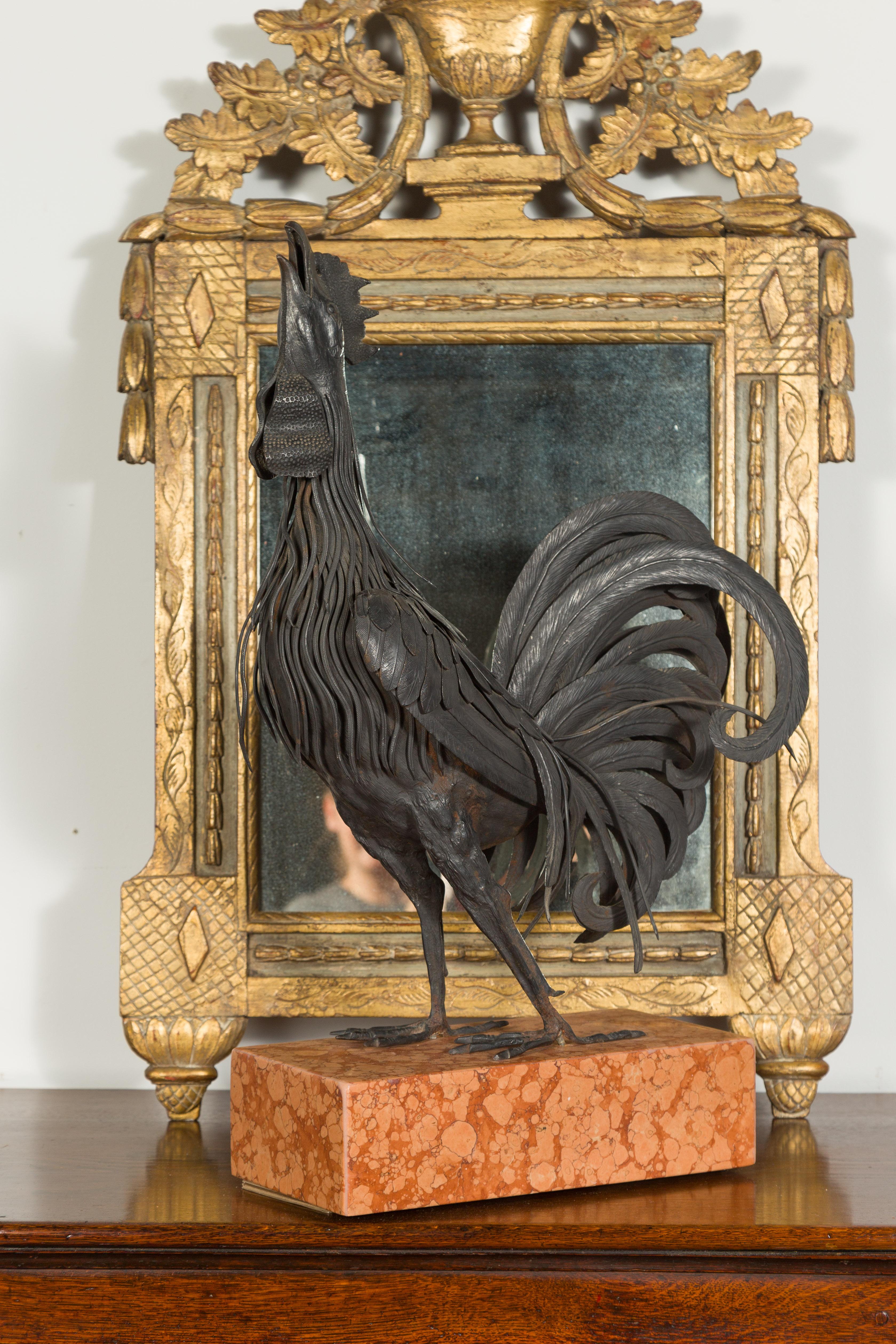 Italian 1920s Metal Crowing Rooster Sculpture Raised on Variegated Marble Base For Sale 2