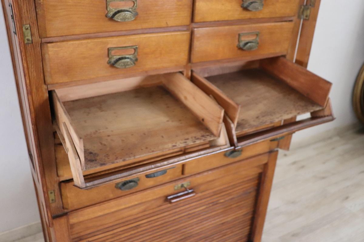 Italian 1920s Oak Wood Apothecary / Filing Cabinet, 18 Drawers and Shutter door For Sale 8