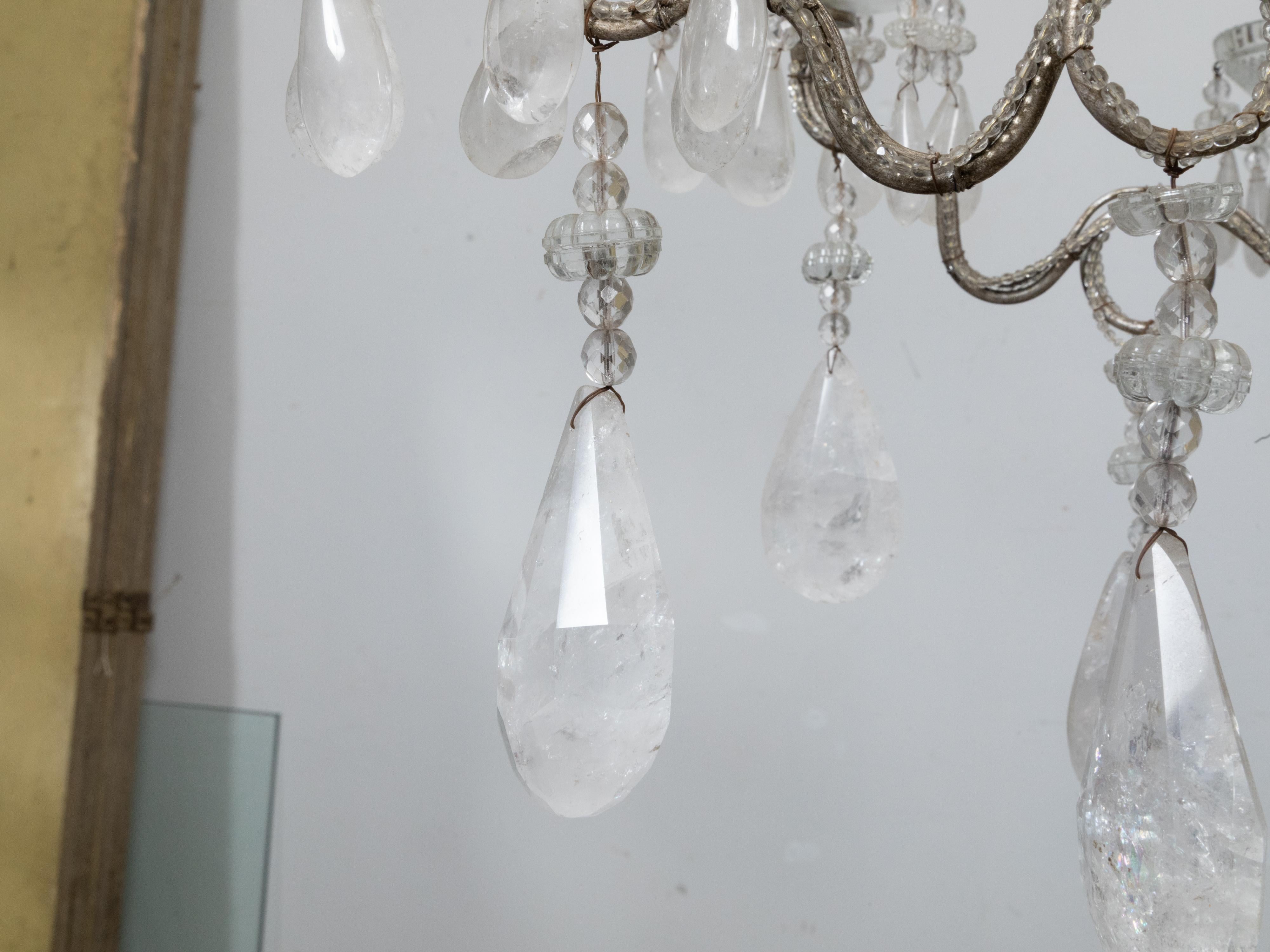 Italian 1920s Rock Crystal Beaded Eight-Light Chandelier with Rosettes For Sale 3