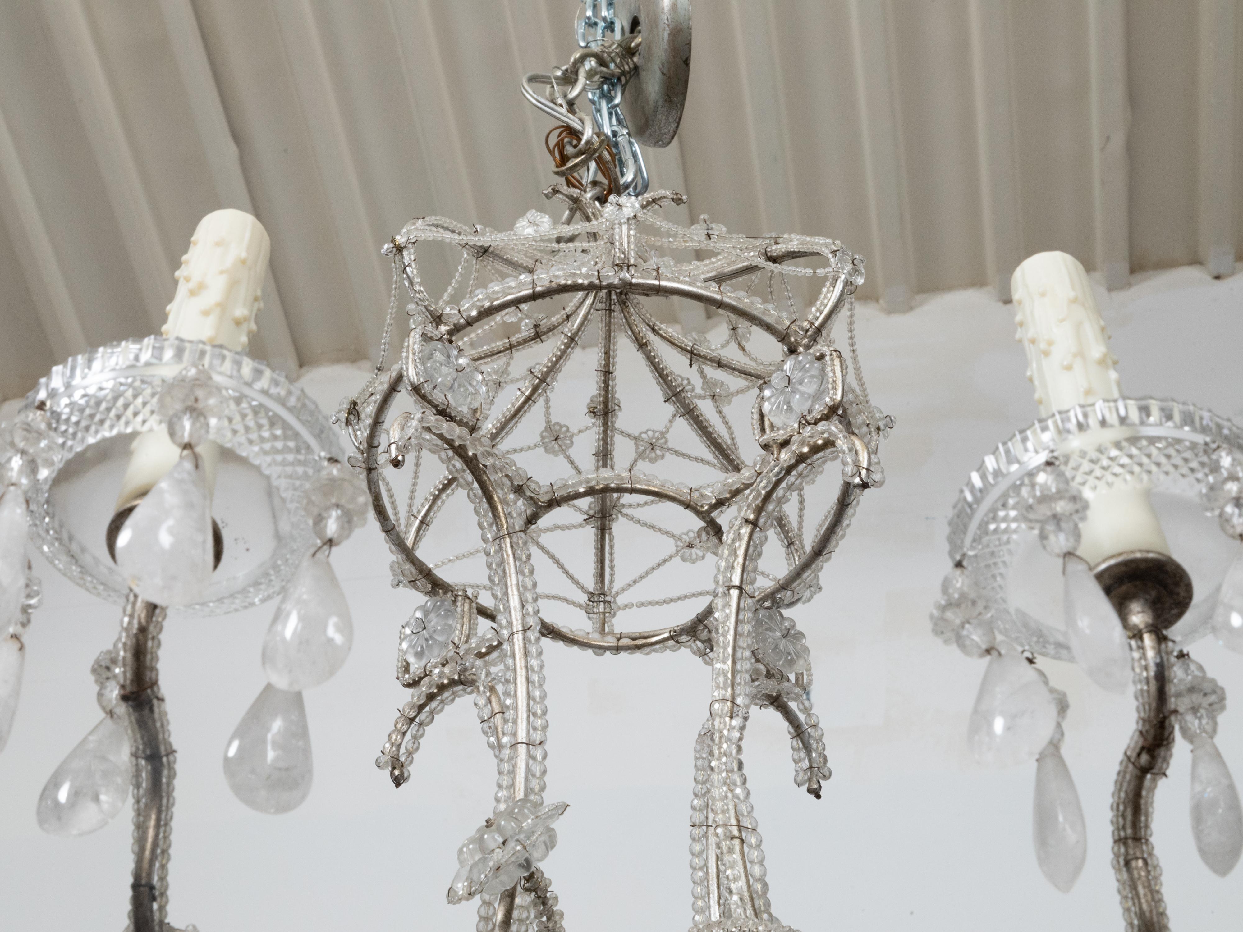 Lustre italien des années 1920 à huit lumières en cristal de roche perlé avec rosettes en vente 8