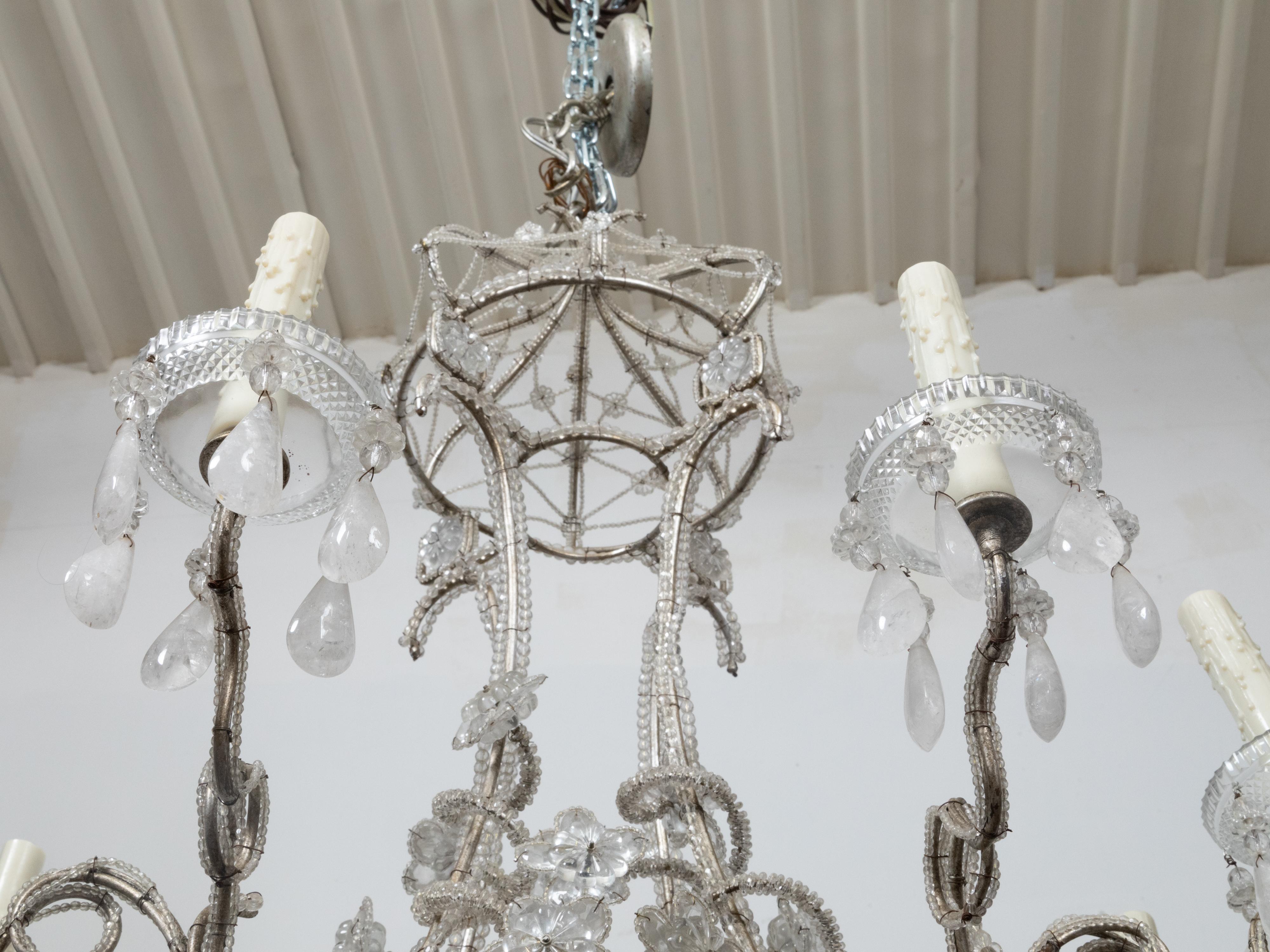 Italian 1920s Rock Crystal Beaded Eight-Light Chandelier with Rosettes For Sale 7