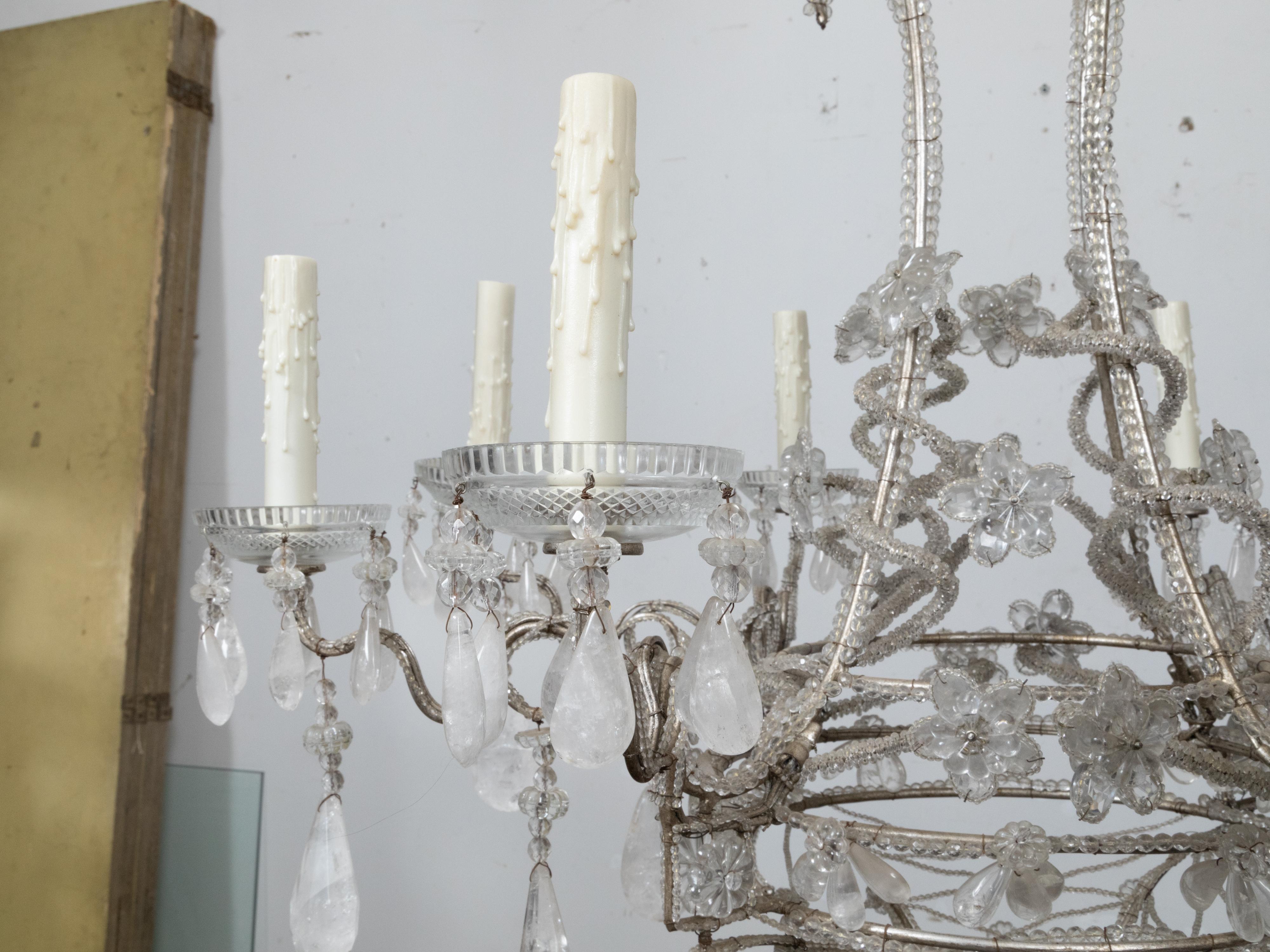 20th Century Italian 1920s Rock Crystal Beaded Eight-Light Chandelier with Rosettes For Sale