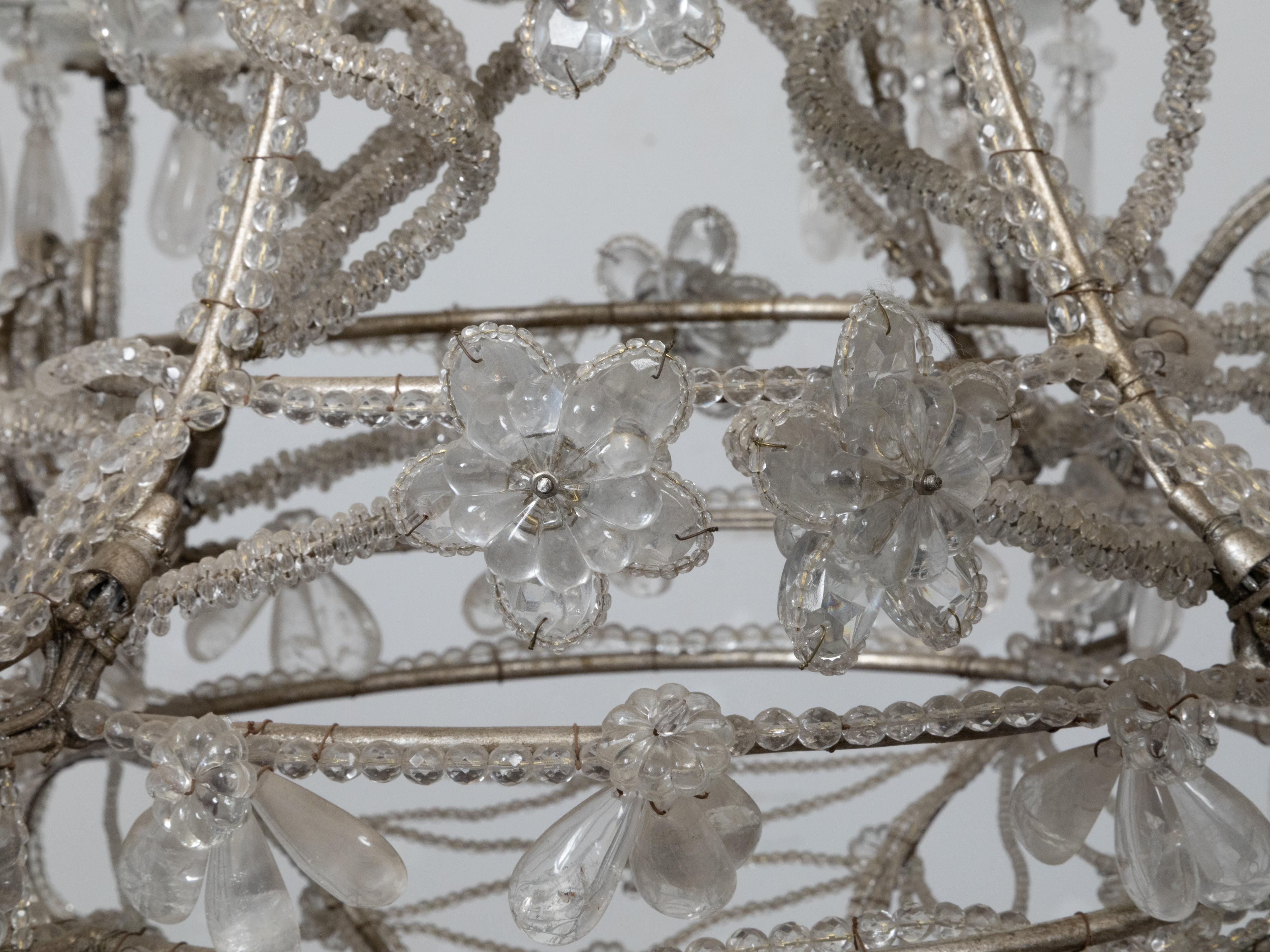 Metal Italian 1920s Rock Crystal Beaded Eight-Light Chandelier with Rosettes For Sale