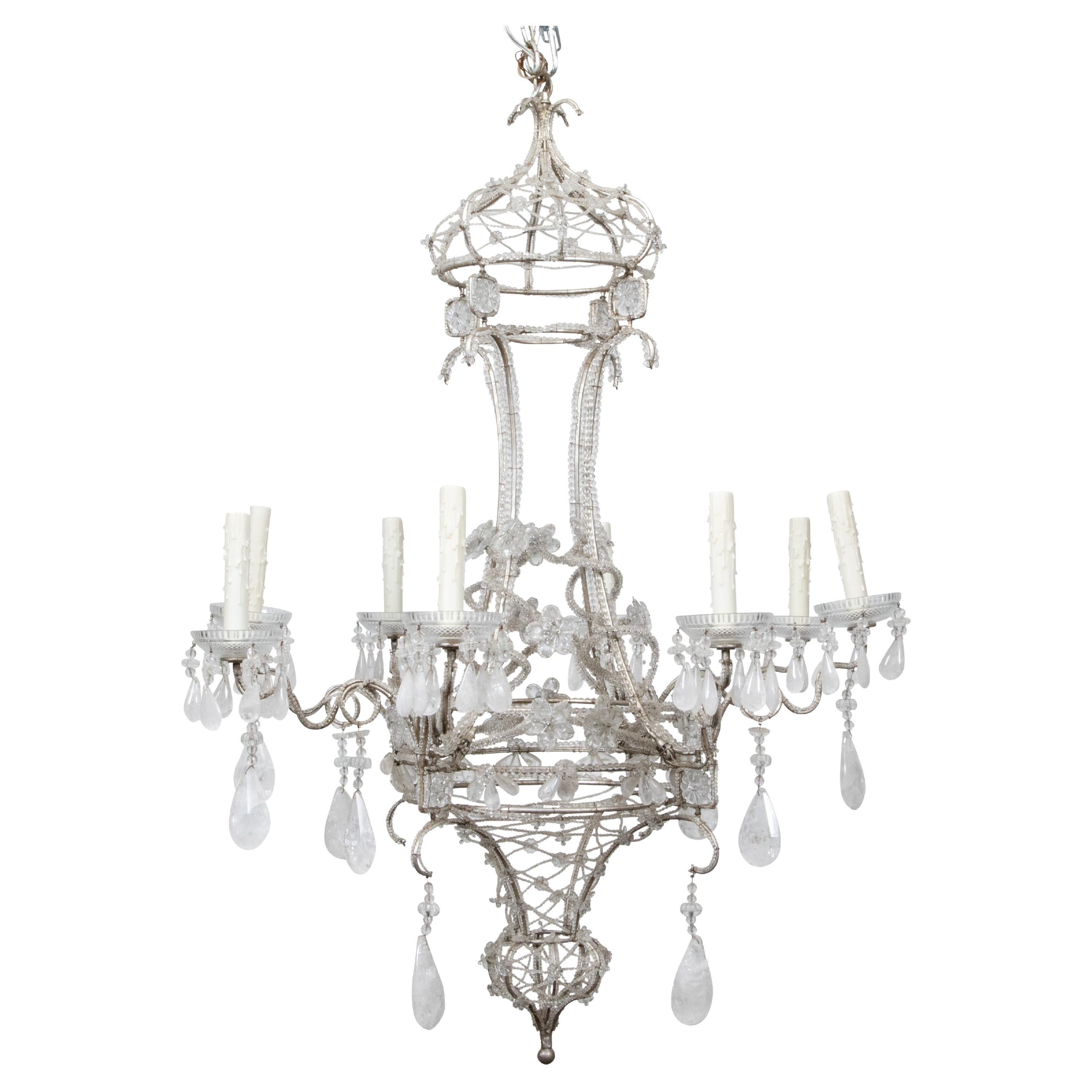 Italian 1920s Rock Crystal Beaded Eight-Light Chandelier with Rosettes For Sale