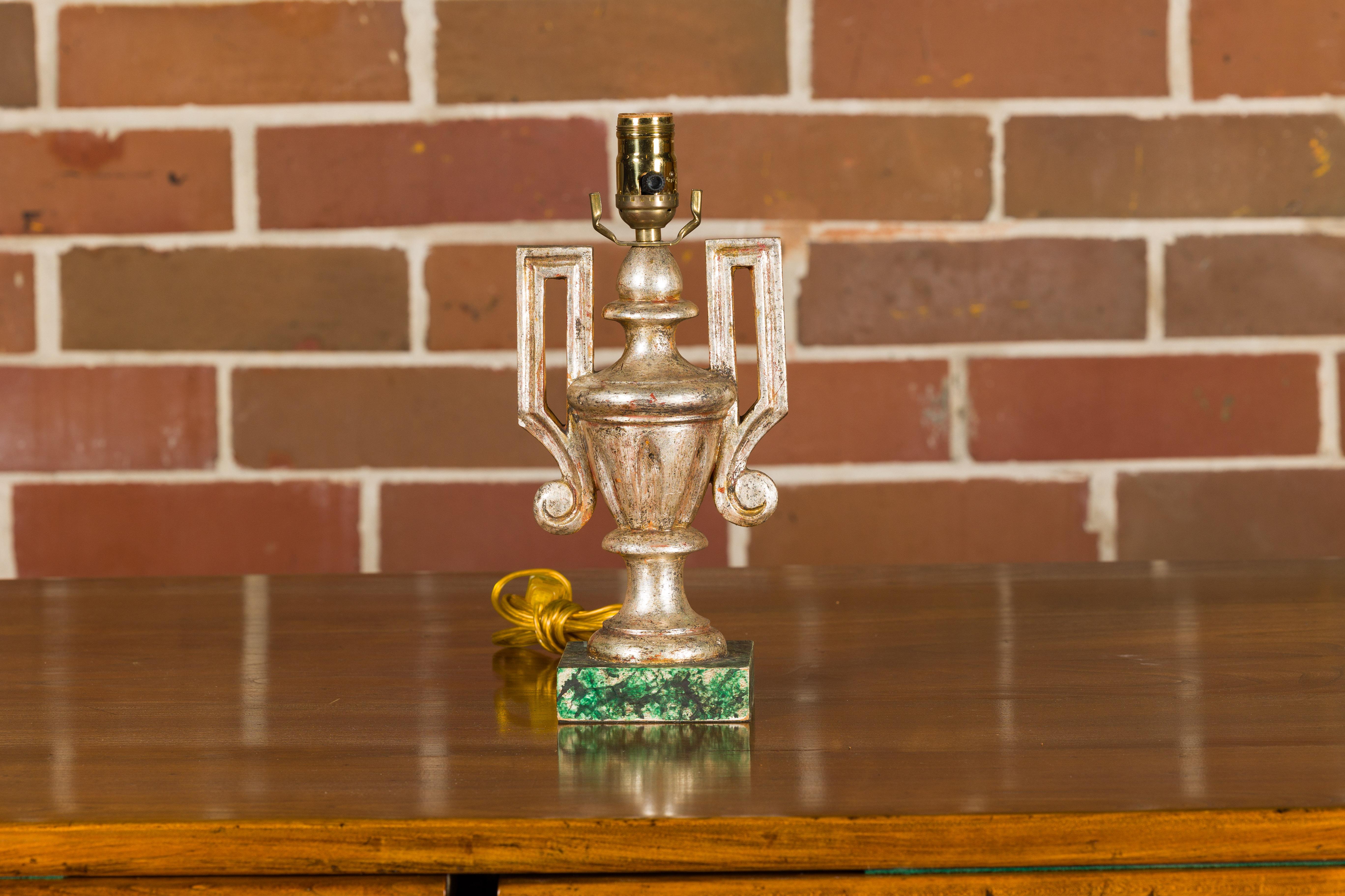 Italian 1920s Silver Gilt Single Urn Shaped Lamp on Painted Base, US Wired In Good Condition In Atlanta, GA