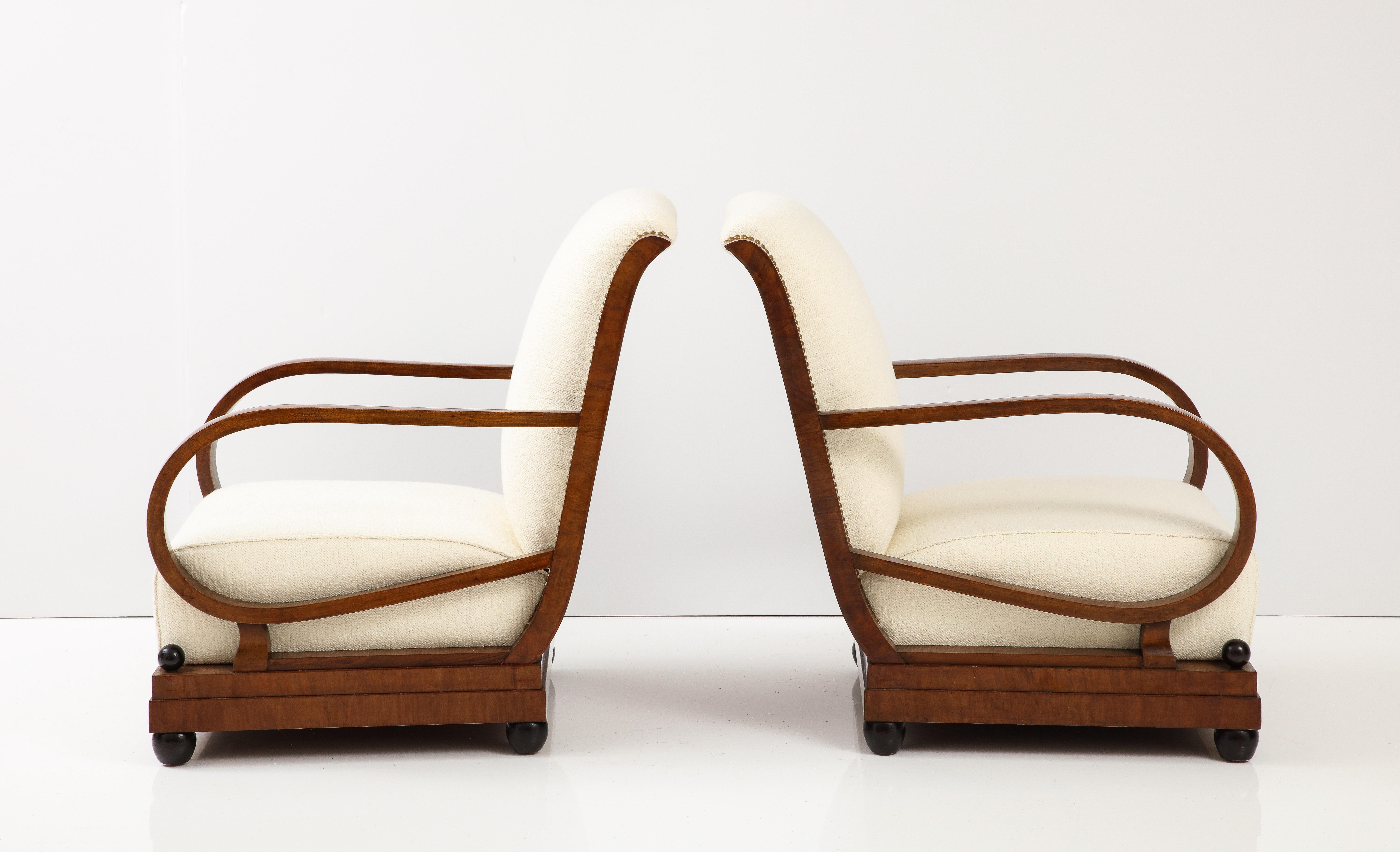 Art Deco Italian 1920's Walnut Armchairs / Lounge Chairs with Foot Stools