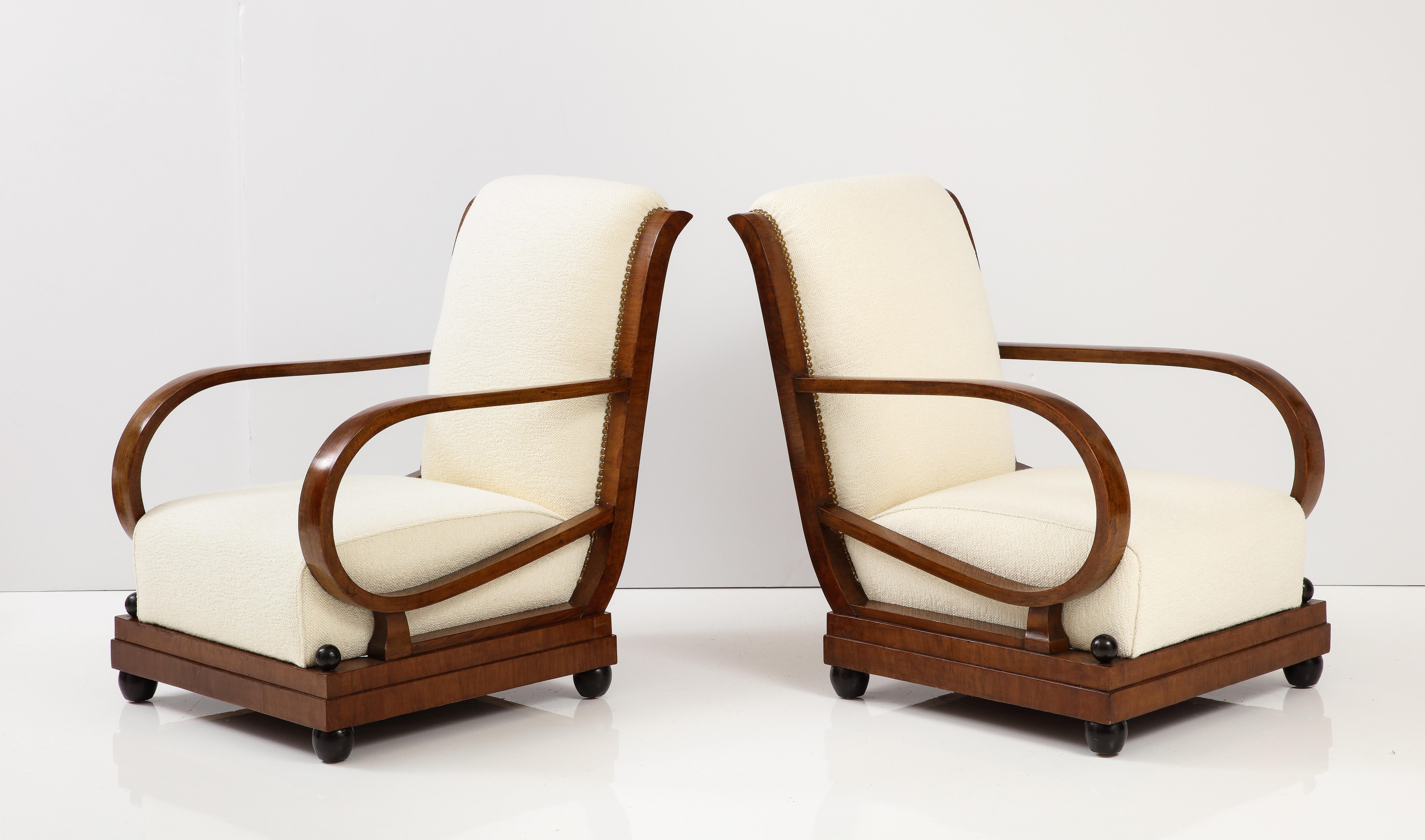 Hand-Carved Italian 1920's Walnut Armchairs / Lounge Chairs with Foot Stools