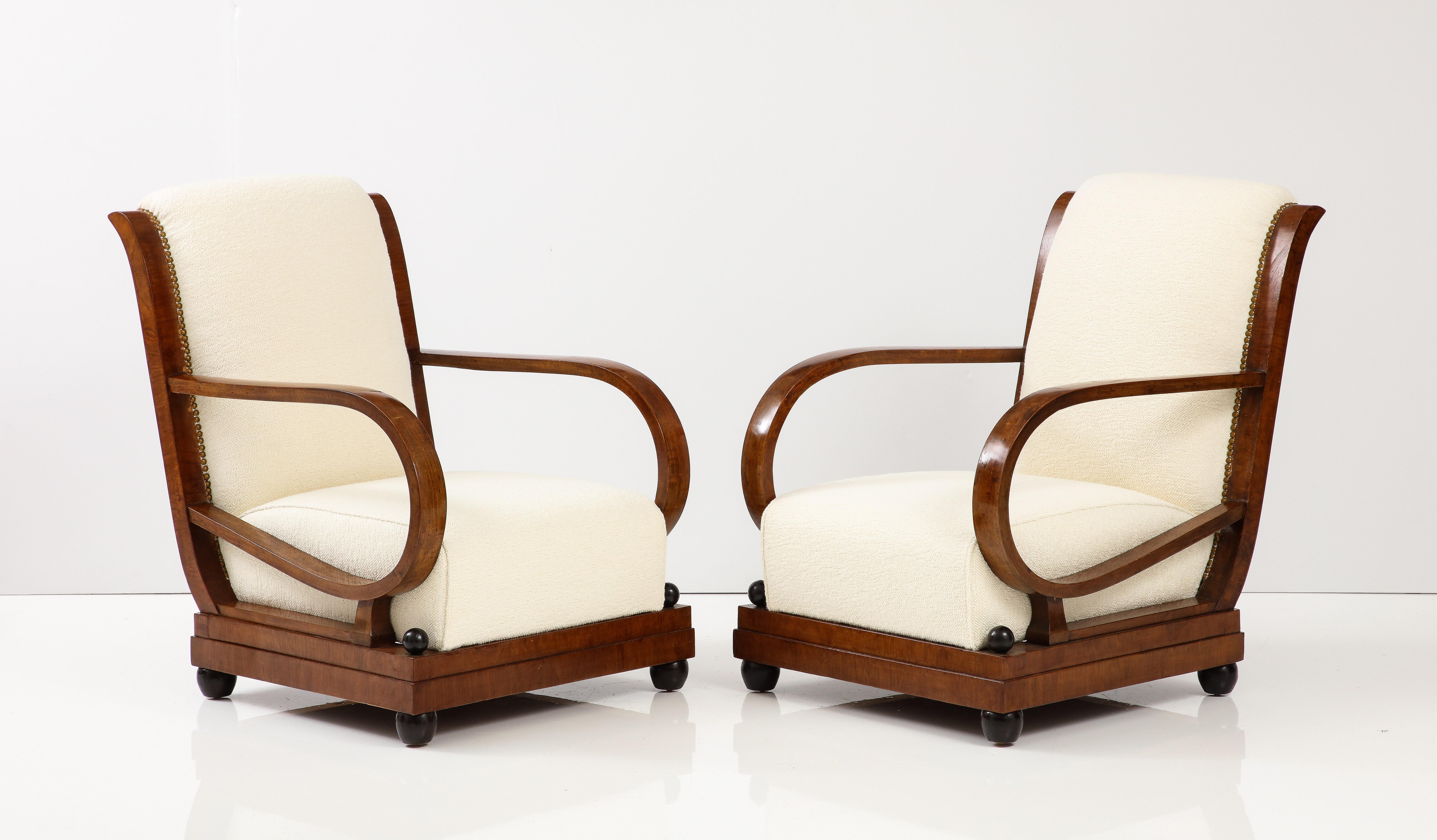 Early 20th Century Italian 1920's Walnut Armchairs / Lounge Chairs with Foot Stools