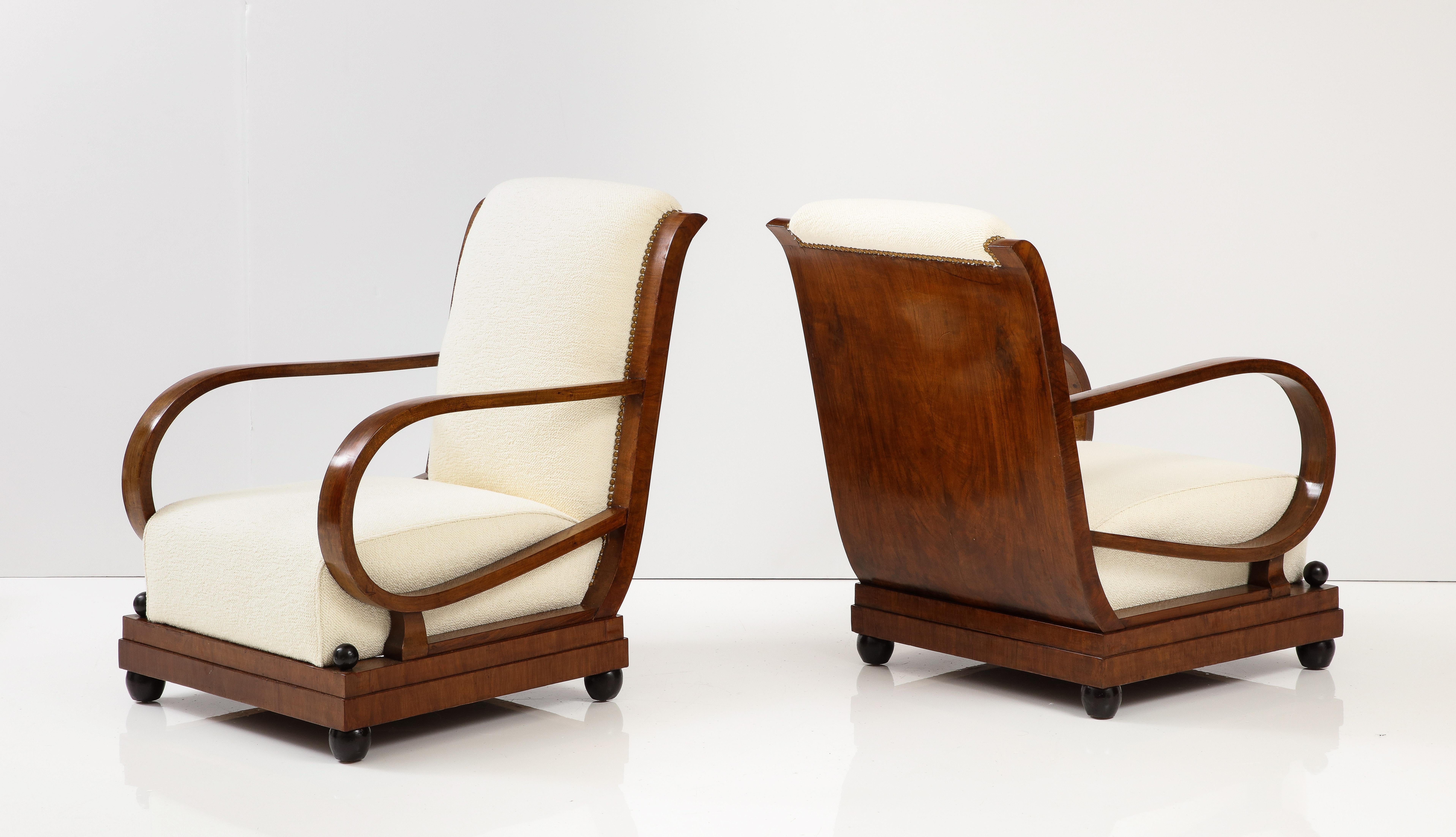 Italian 1920's Walnut Armchairs / Lounge Chairs with Foot Stools 1