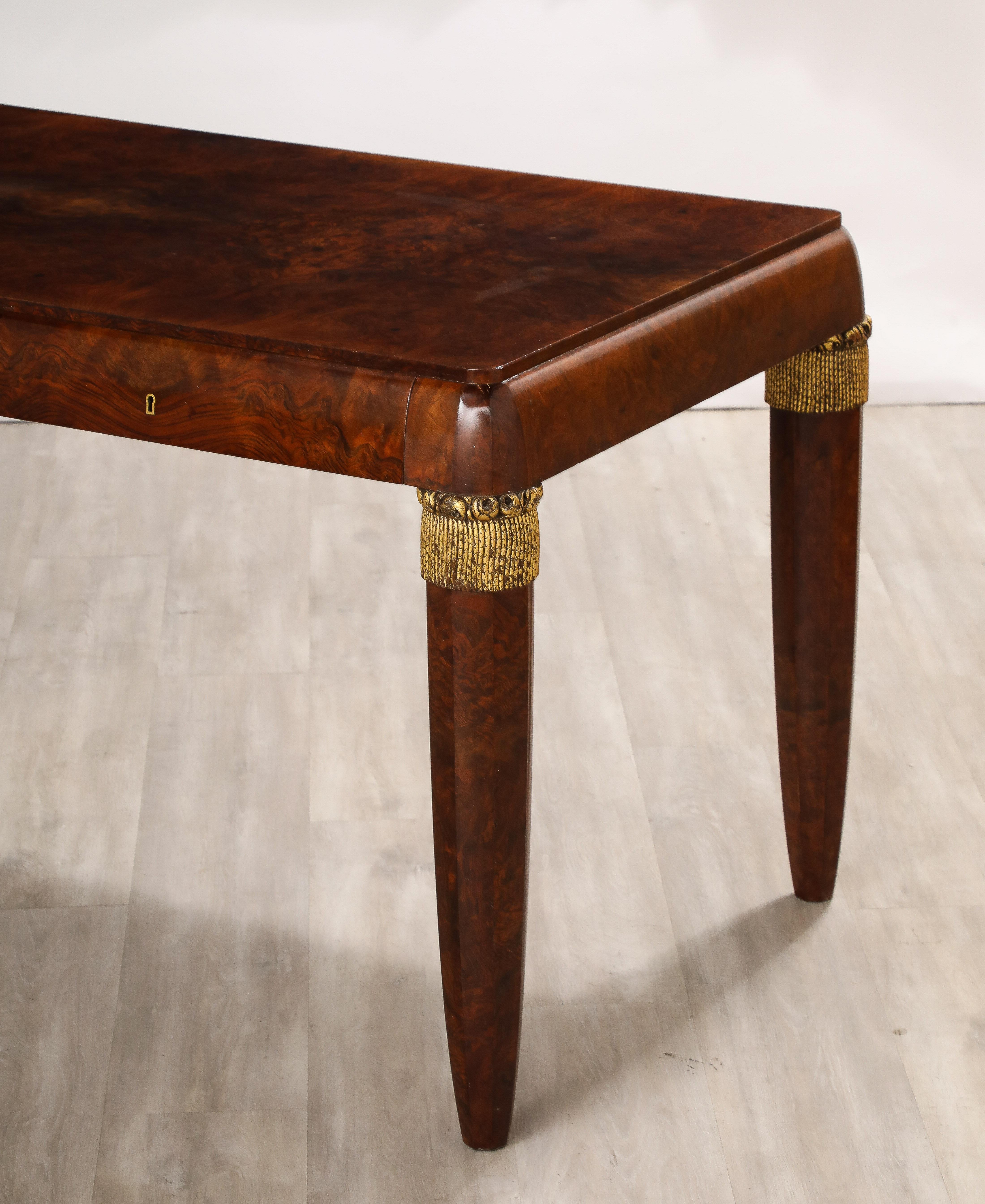 Brass Italian 1930's Burl Walnut Writing Desk For Sale