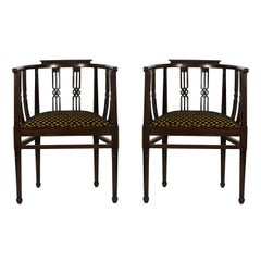 Italian 1930s Fine Pair Side Chairs Curved Back Dark Carved Wood with Armrests