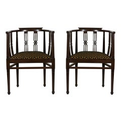 Italian 1930s Fine Pair Side Chairs Curved Back Dark Carved Wood with Armrests