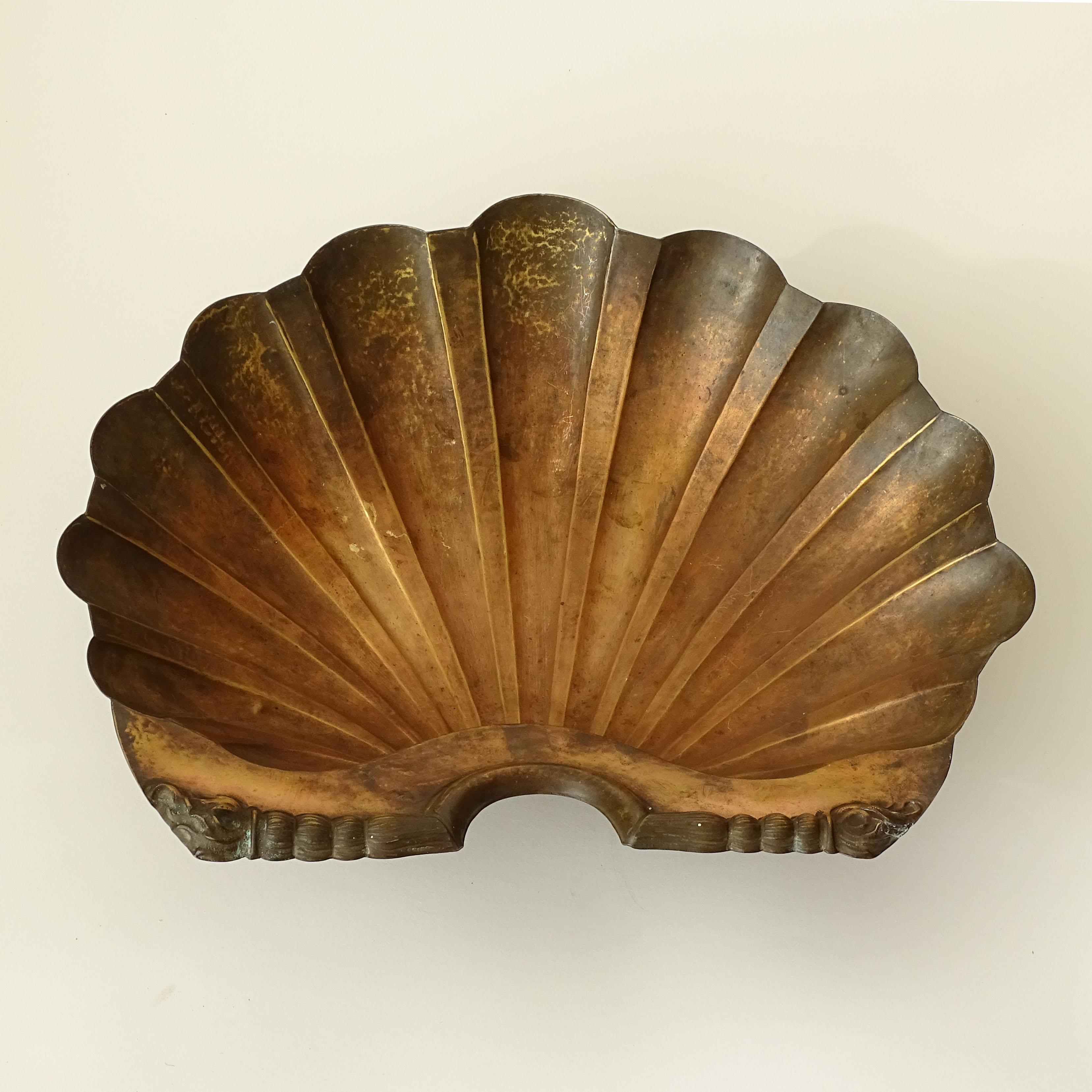 Mid-20th Century Italian 1930s Hammered Copper Shell Shaped Holy Water Font For Sale