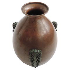 Italian 1930s Hammered Copper Vase with Three Metal Decorative Leaves Applied