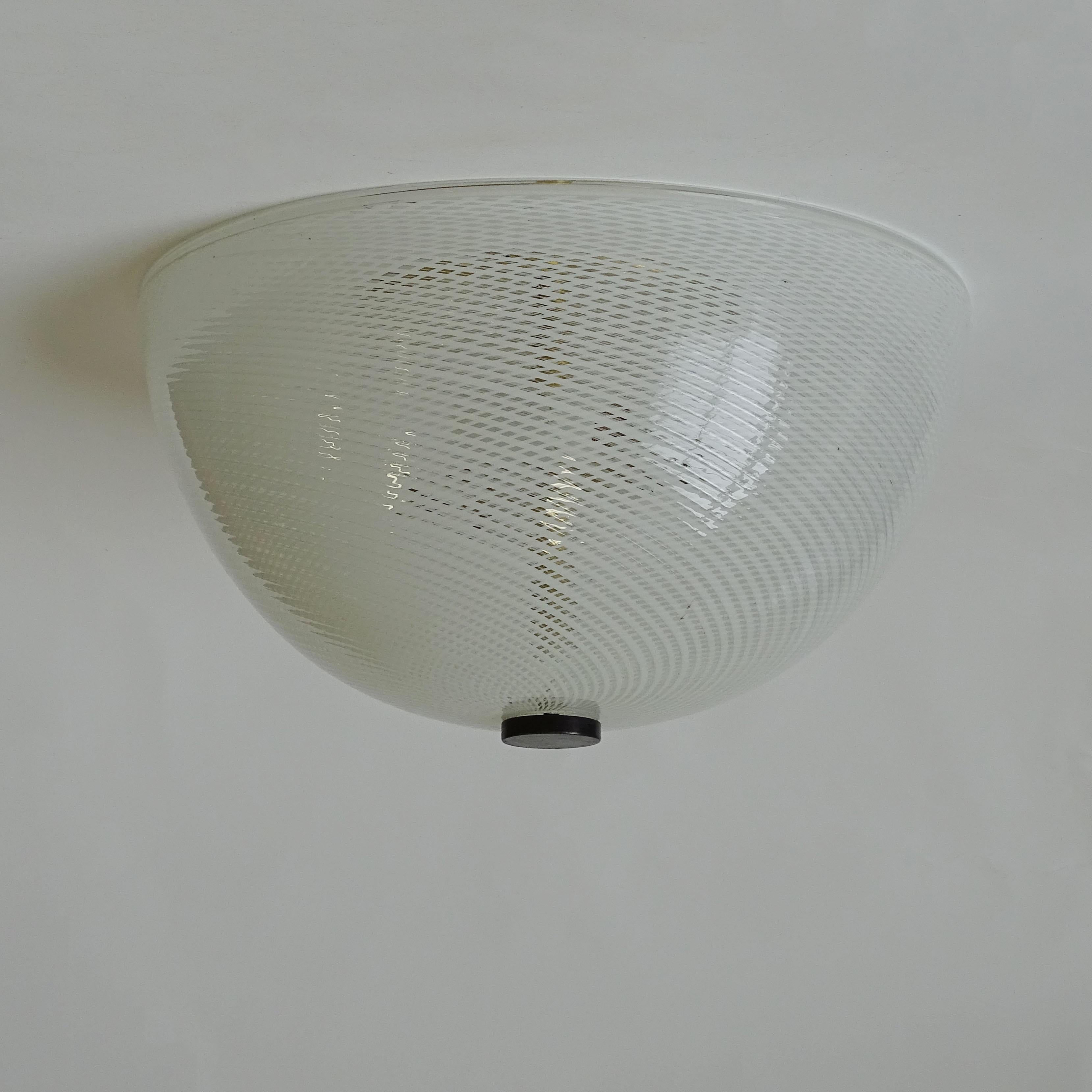Mid-20th Century Italian 1930s Murano Reticello Glass Flush Mount Light attributed to Venini For Sale